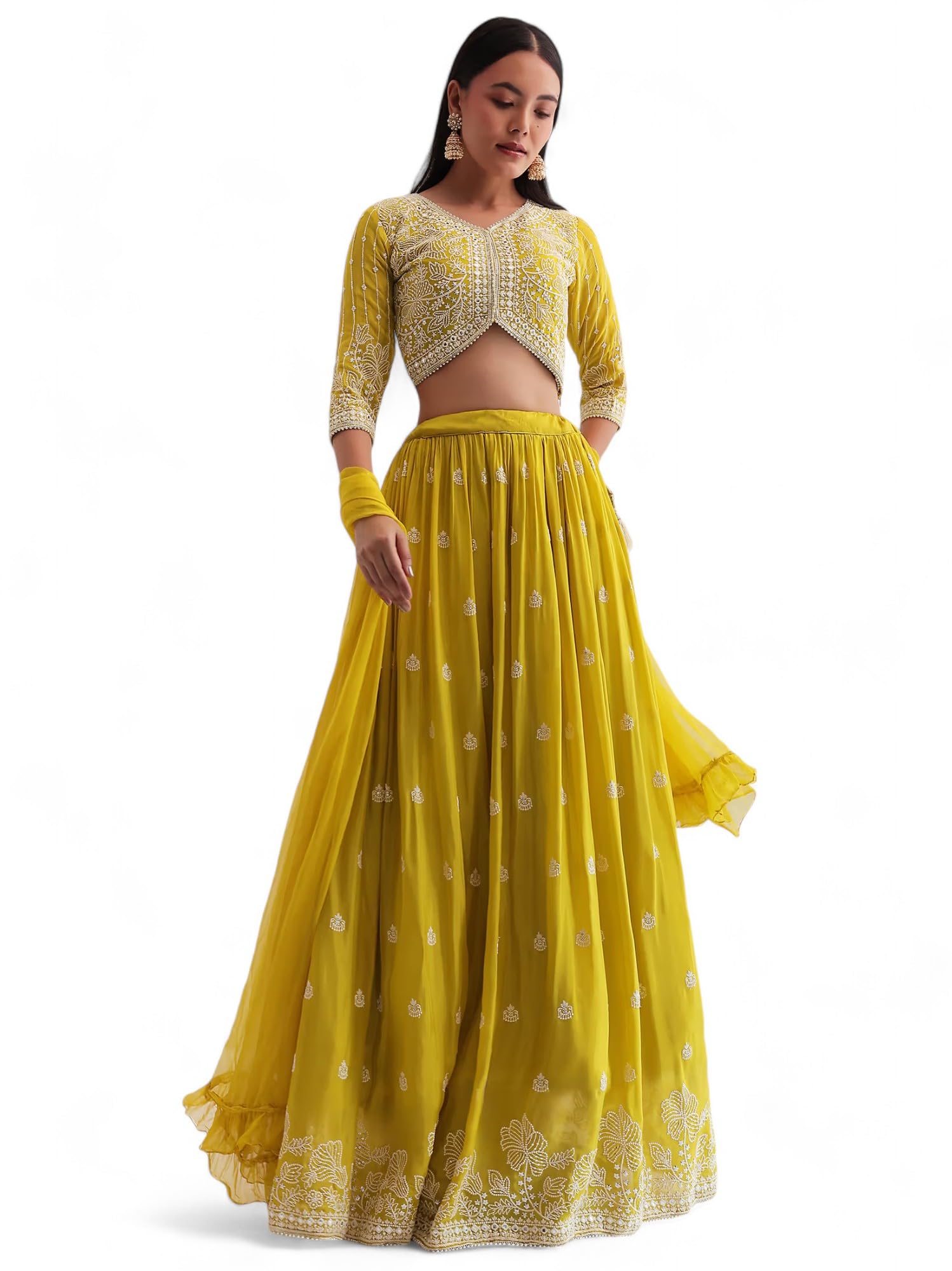 Zeel Clothing Women's Sequins Thread Embroidered Georgette Designer Semi  Stitched Lehenga Choli With Dupatta  (5127-Yellow-Womens-Lehenga-Choli-Latest;