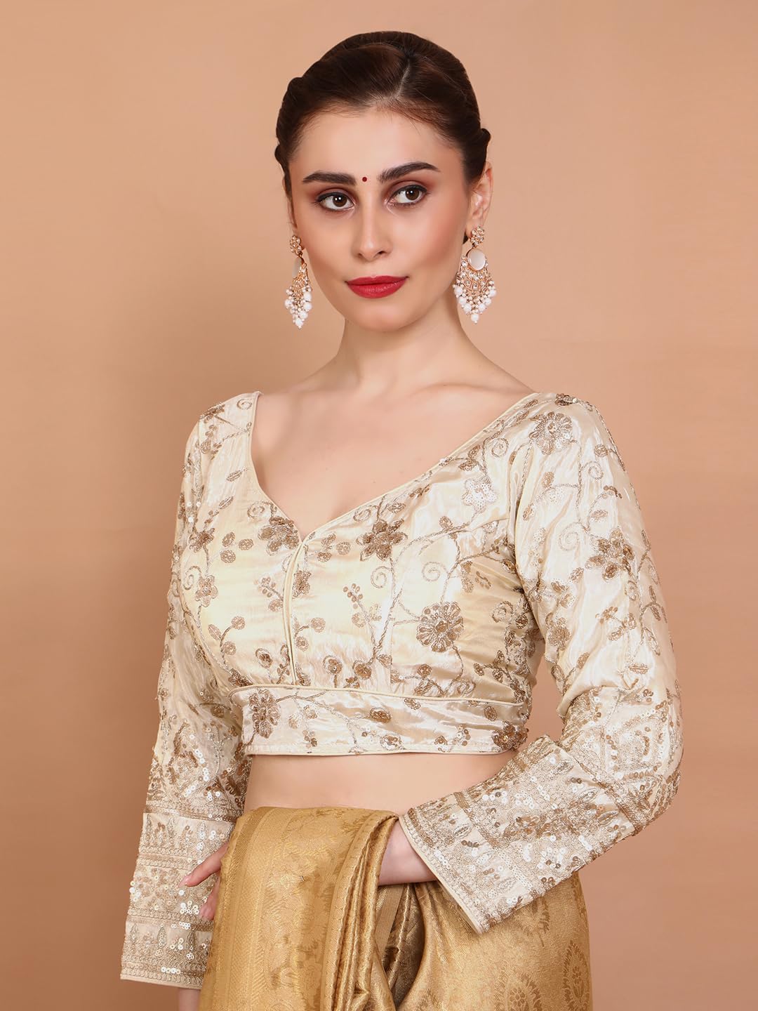 S SALWAR STUDIO Cream Tissue Embroidered Readymade Alterable Blouse