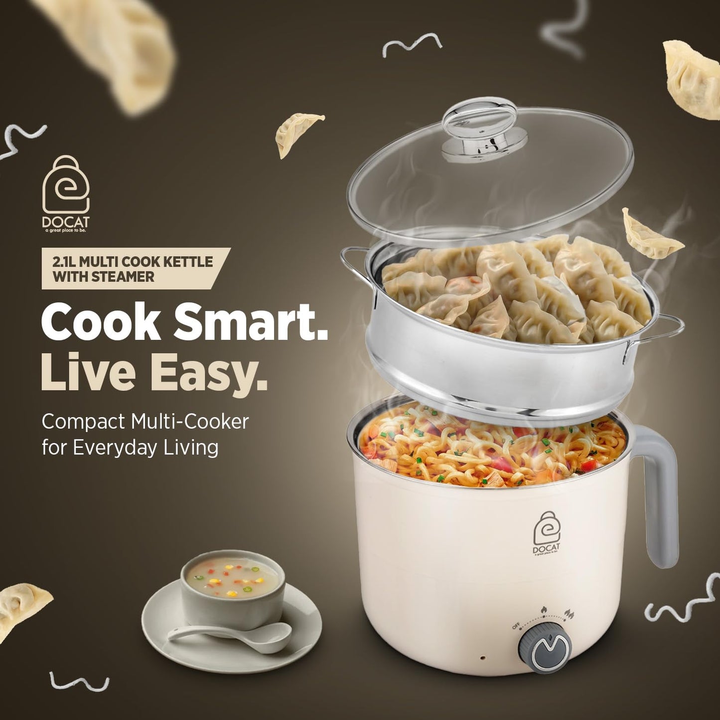 DOCAT Multi Cook Electric Kettle with Steamer 1.2 Liters Stainless Steel Non-stick Inner Pot, Adjustable Power Mode, Wide Mouth, Ideal for Boiling Milk, Tea, Coffee, Eggs & Steaming Veggies, 600 Watts