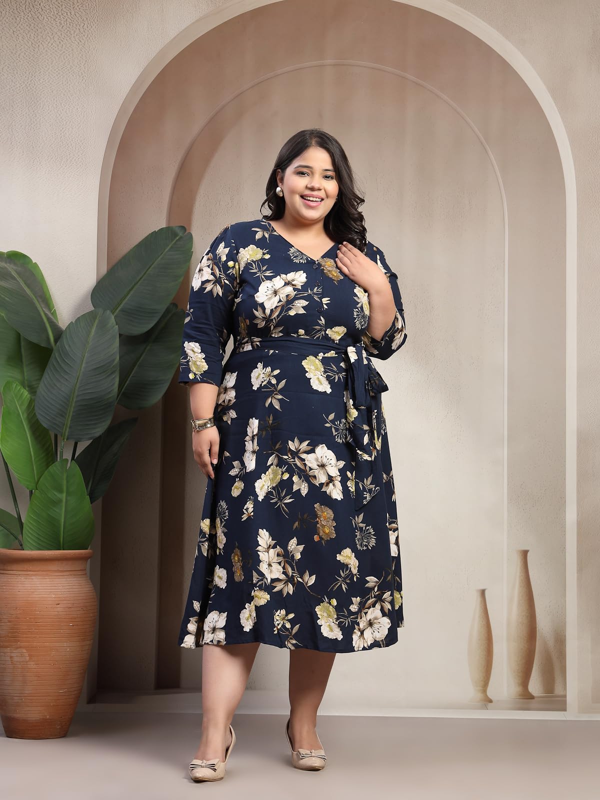 Women Plus Size Floral Print Puff Sleeve Maxi Dress (LDR20244-BLUEBEIGEFLORAL-7XL)