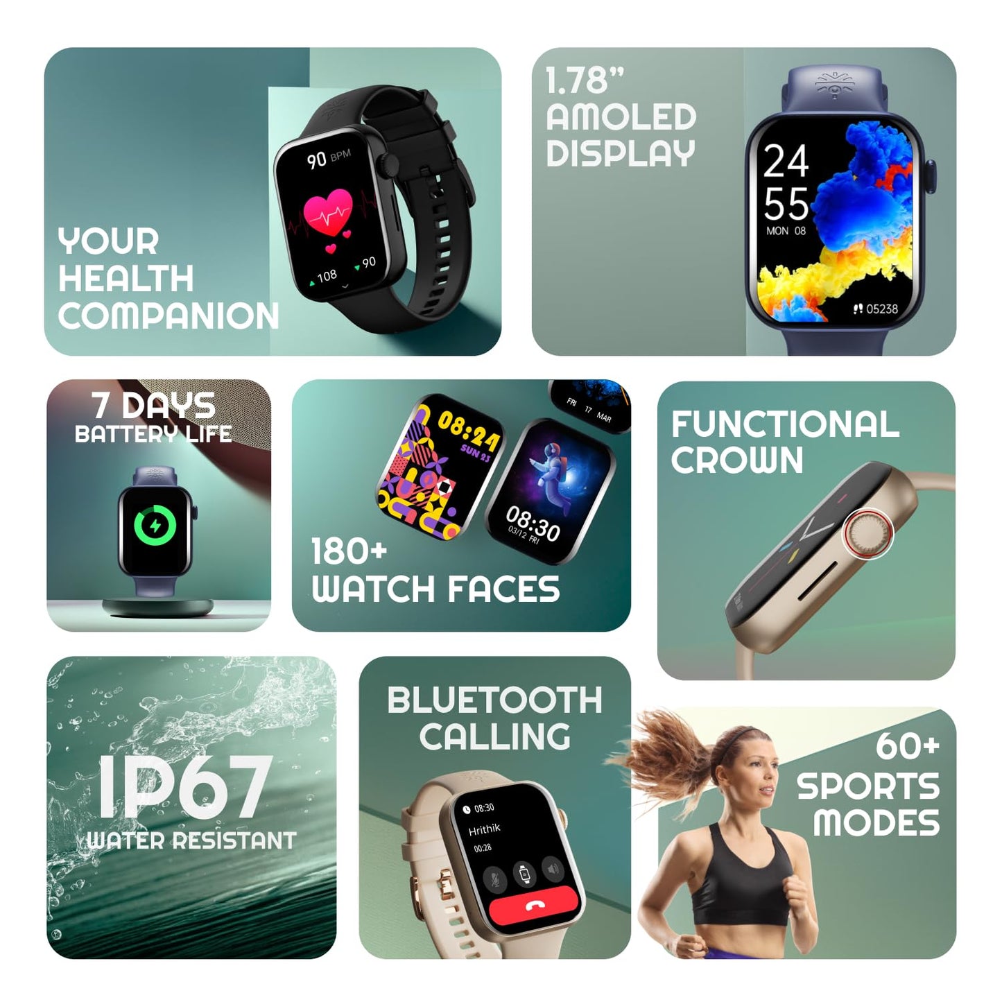 (Refurbished) Cult.Sport Burn 1.78" AMOLED, 368 * 448 res, BT Calling, Crown Control, Voice Assistant, AOD Smartwatch (Dark Blue Strap, Free Size)