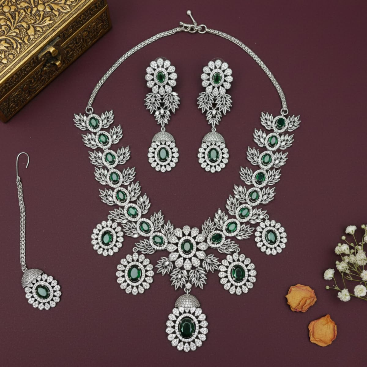 Iksava Rhodium Plated Necklace Set with Earrings American Diamond Bridal Jewellry Set with Earrings / Statement Bridal Jewellry - Ideal for Weddings, Engagement, and Special Occasions for Womens. (Green Silver)