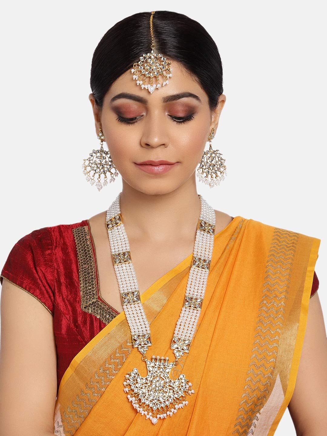 ZAVERI PEARLS Antique Gold Tone Long Kundan & Pearls Bridal Necklace, Earring & Maangtikka Set For Women-ZPFK9802