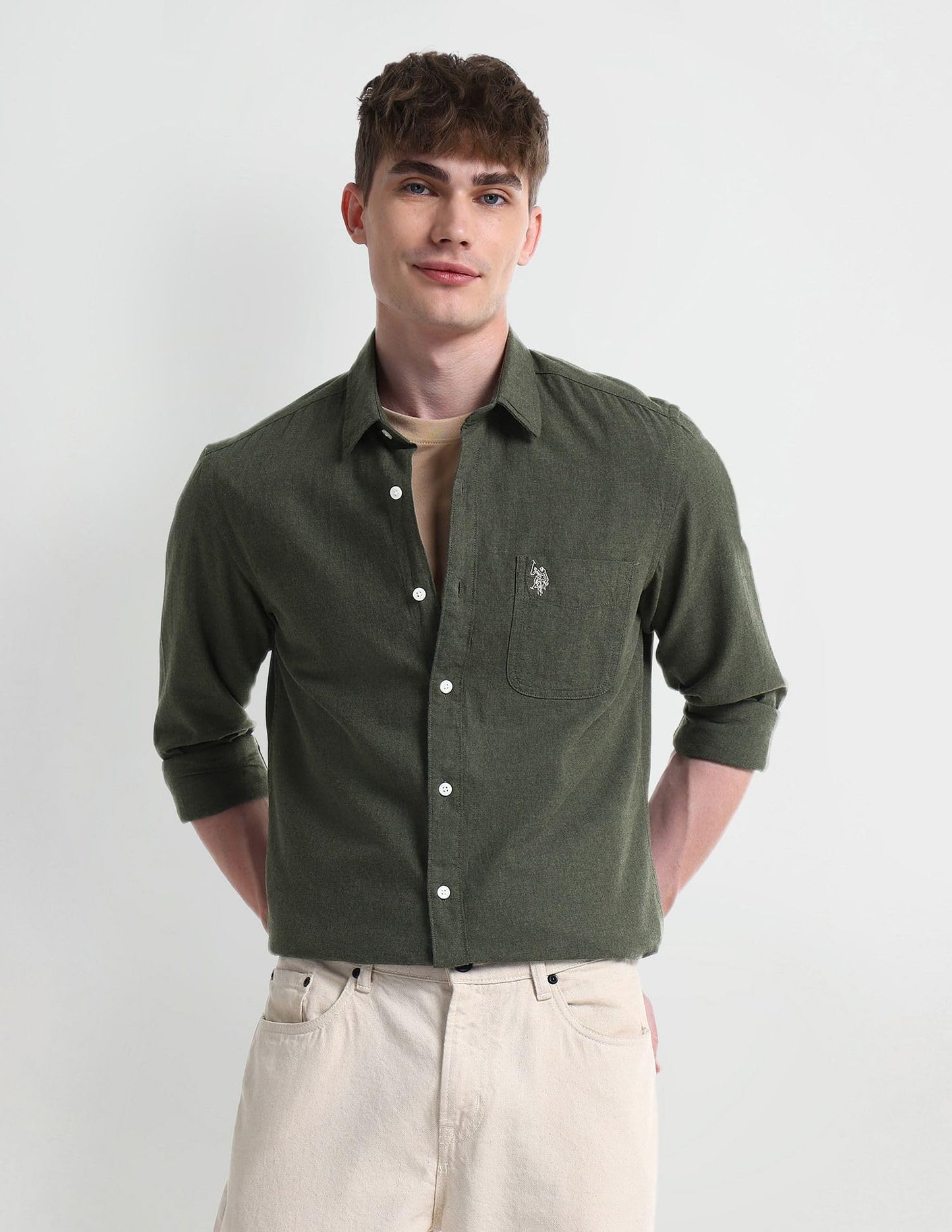 U.S. POLO ASSN. Men's Cotton Regular Fit Shirt (UDSHTO1217A_Olive,Medium