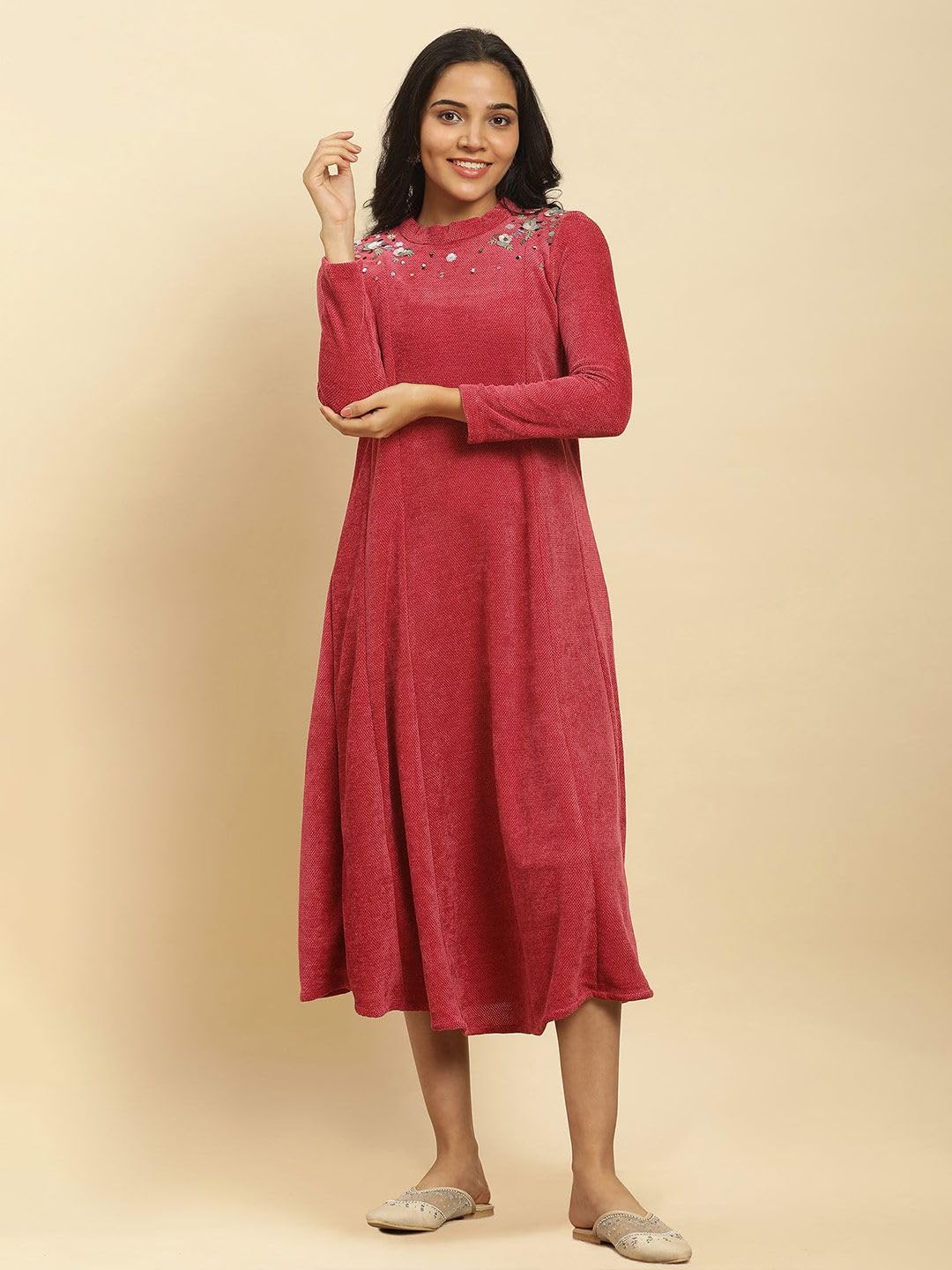 W for Woman Red Embellished Winter Flared Dress (Size: M)-24NOW10211-214829