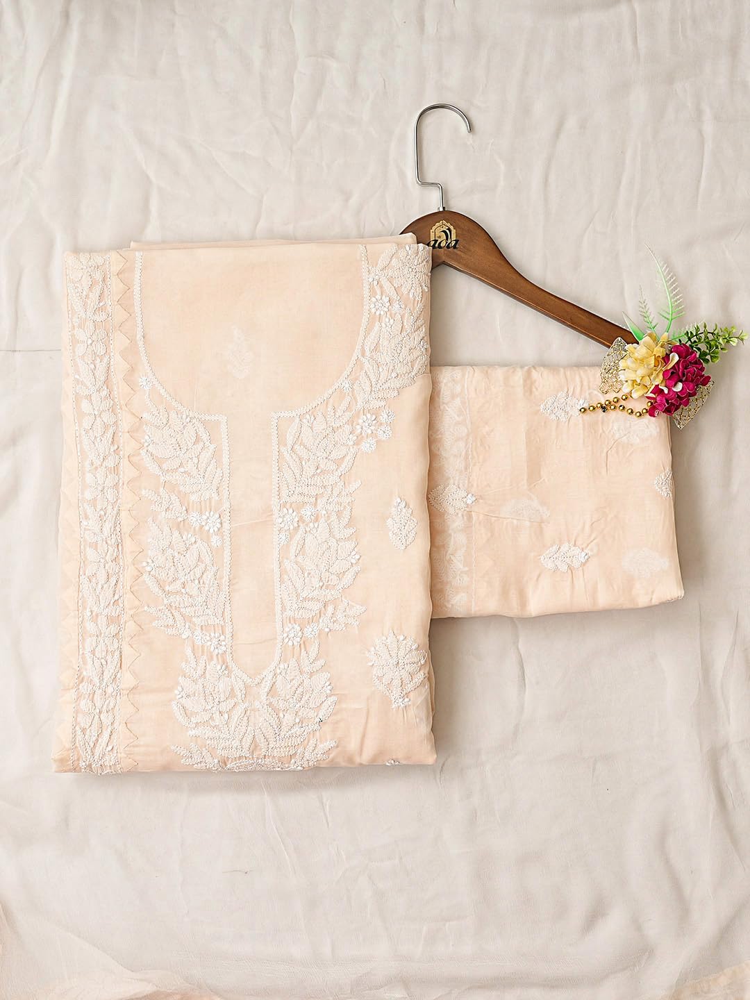 Ada Hand Embroidered Lucknowi Chikankari Unstitched Cotton Dress Material Suit Piece with Dupatta for Women 01A871559 Peach