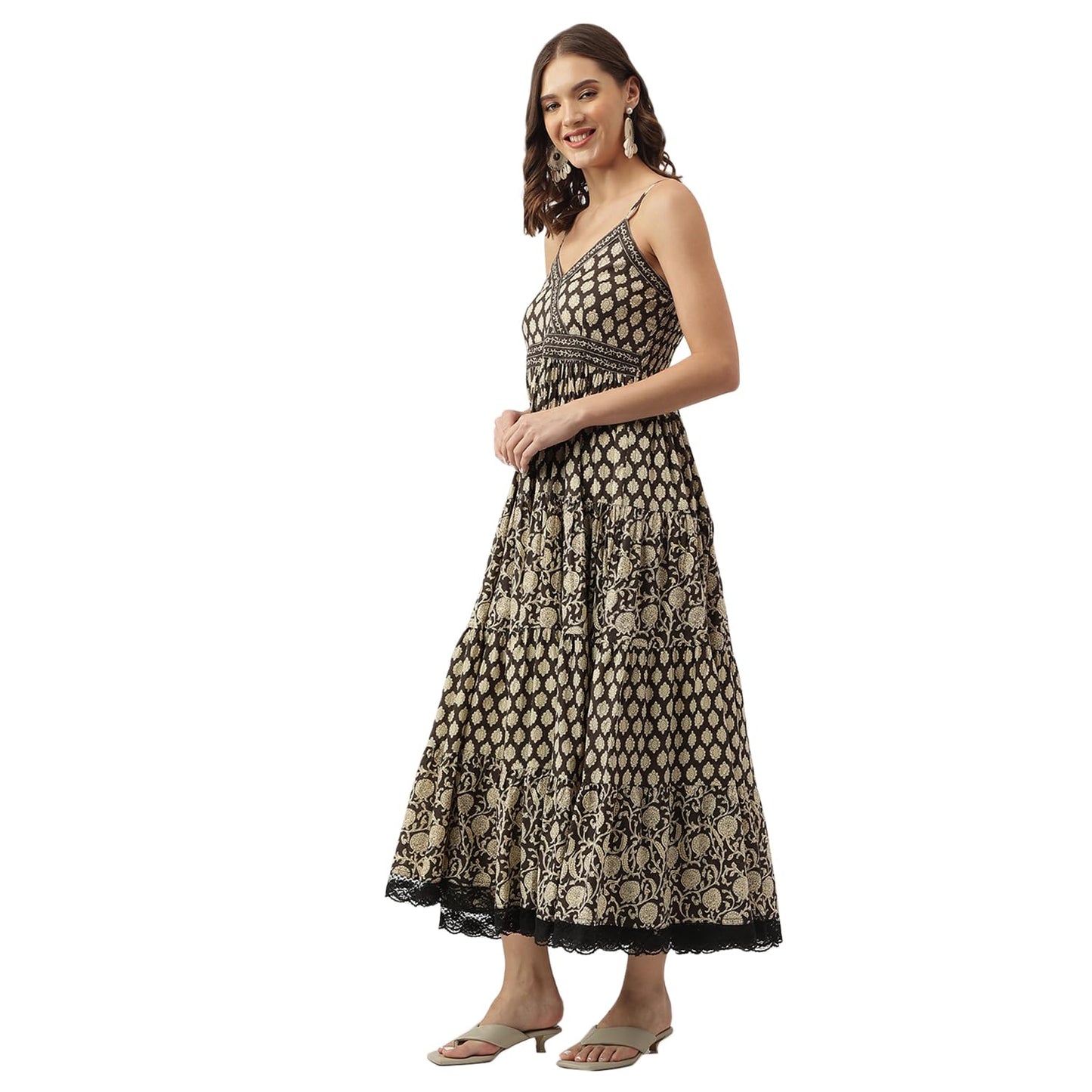 Divena Floral Printed Cotton Empire Ethnic Dress Black