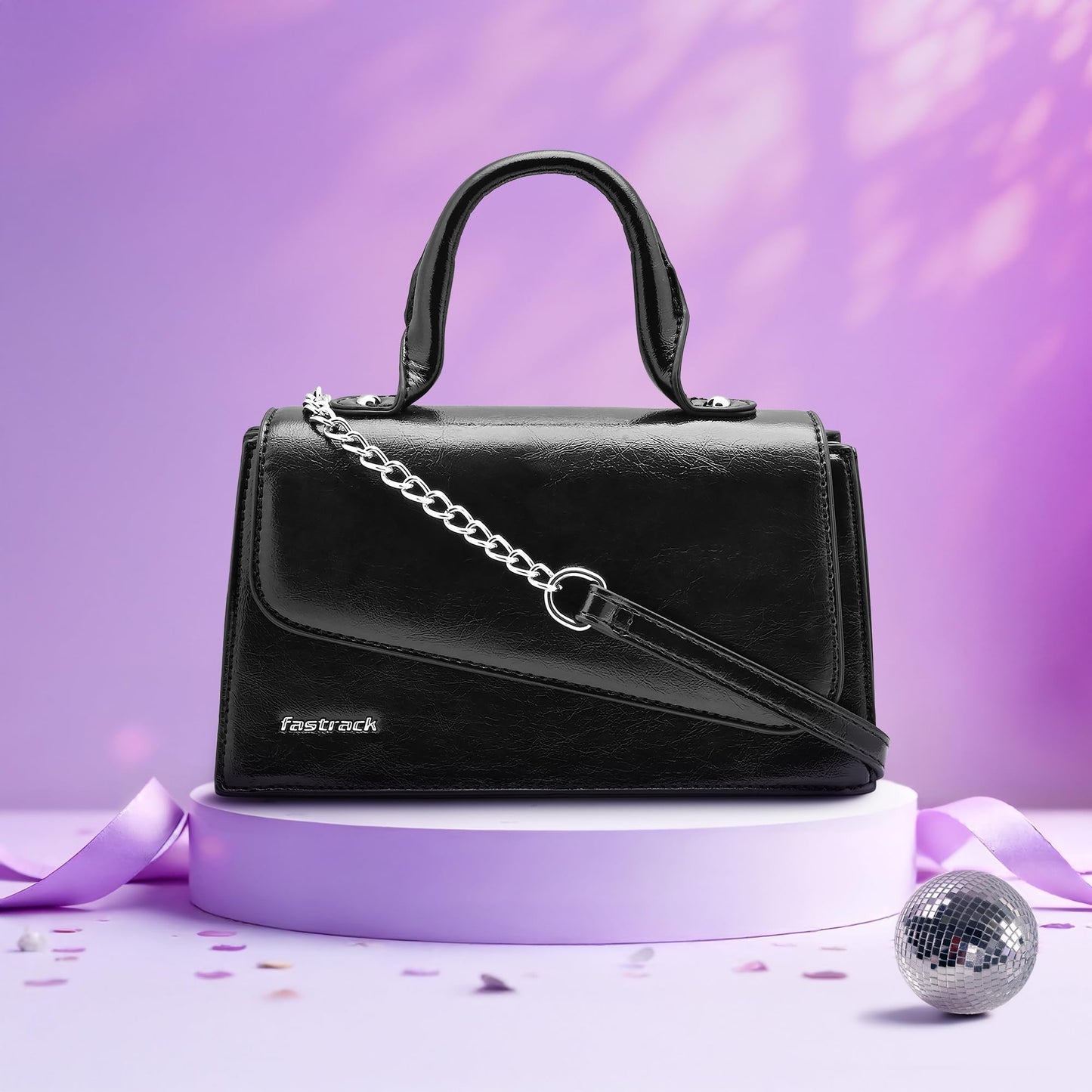 Fastrack Lil’Spark Sling | Black Faux-Leather Women’s Handbag | Sling with Fixed Handle & Detachable Strap for Casual & Party Carry