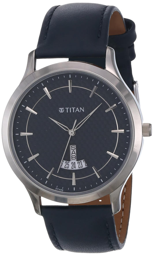 Titan Men Leather Analog Blue Dial Casual Watch, Band Color-Blue