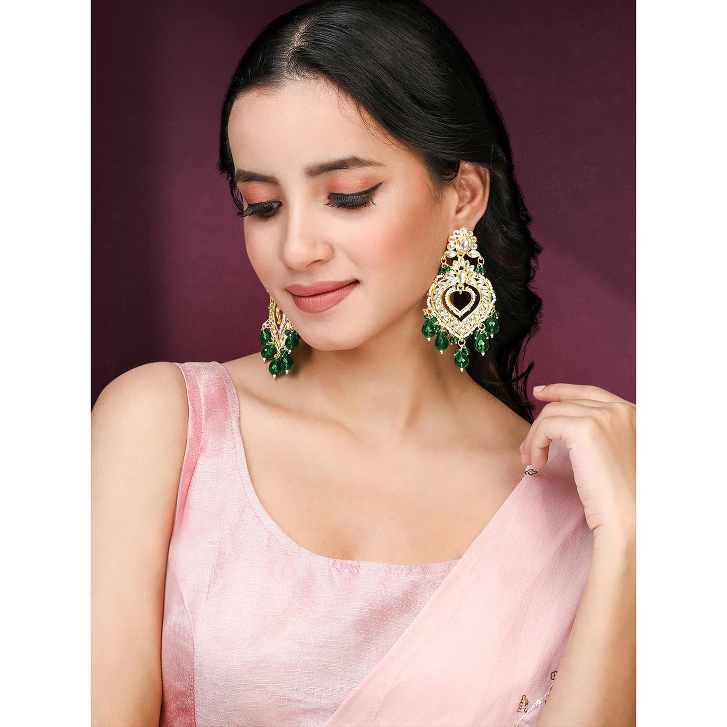 Peora Gold Plated Green Kundan & Beads Studded Dangle Earrings Ethnic Jewellery for Women & Girls