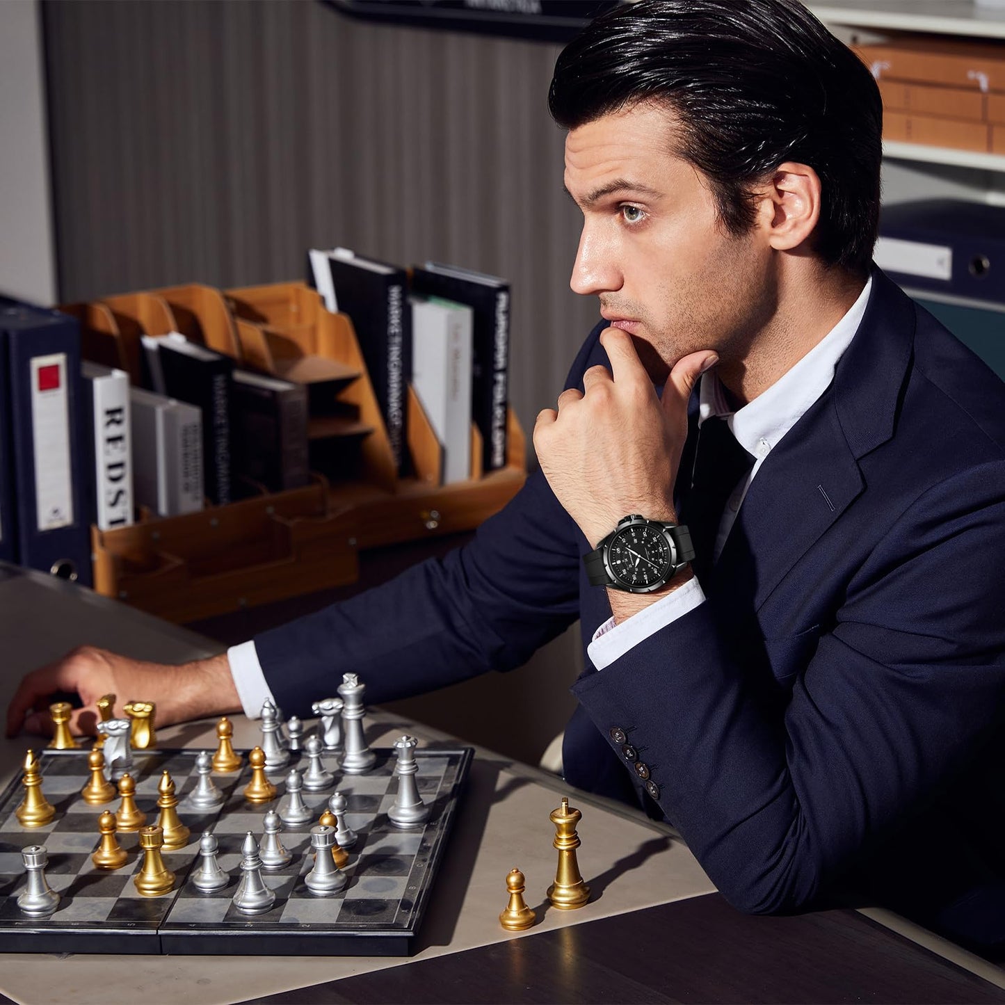 SAPPHERO Round Stainless Steel Watch for Men, 50M Waterproof Luminous Stylish Mens Gift Wristwatch with Date Display and Analog Quartz Design, Black Black White