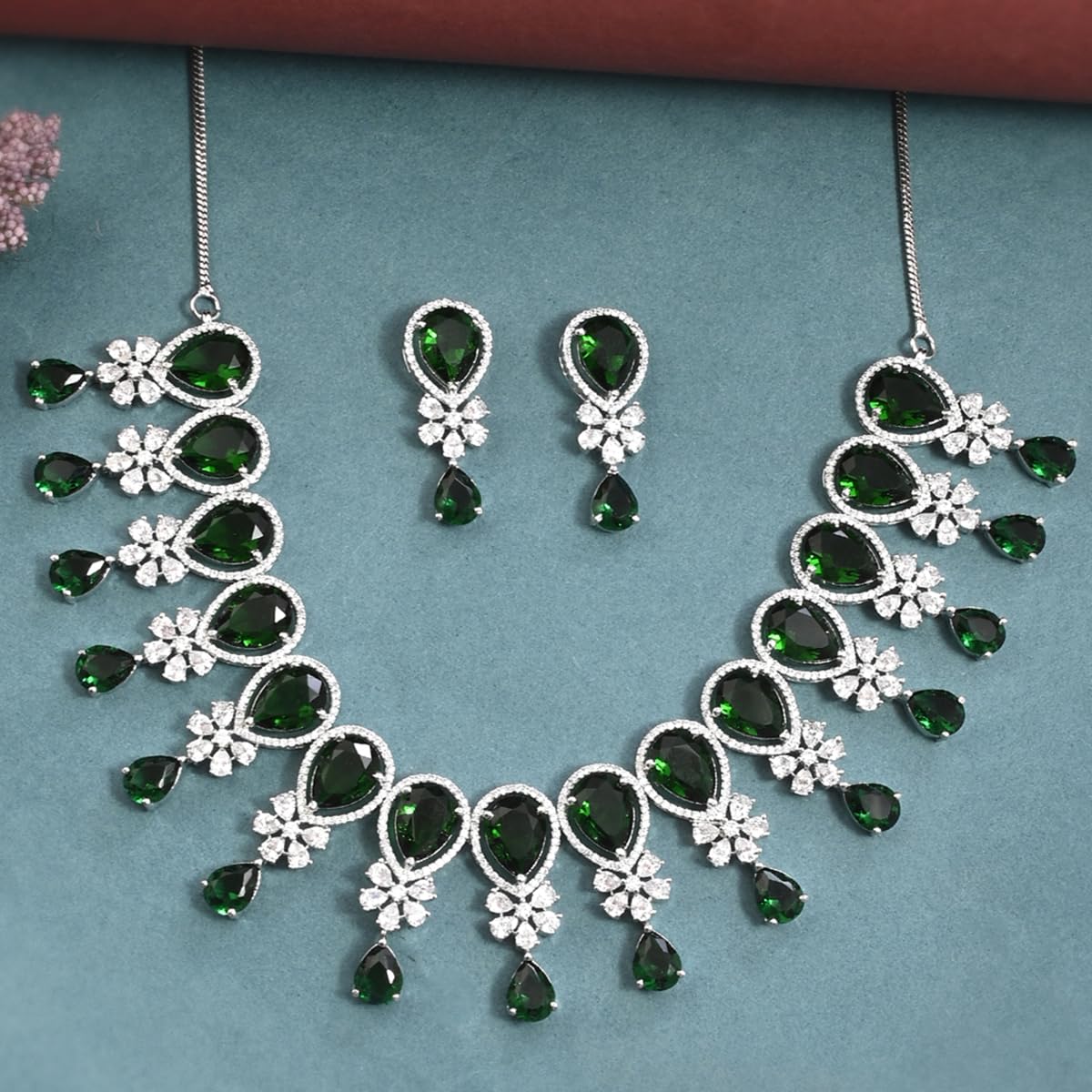 VOYLLA Cz Elegance Green Teardrop Zircons Jewellery Set For Women|Womens Jewellery Set|Gift For Women|Womens Gift|Gift For Her|