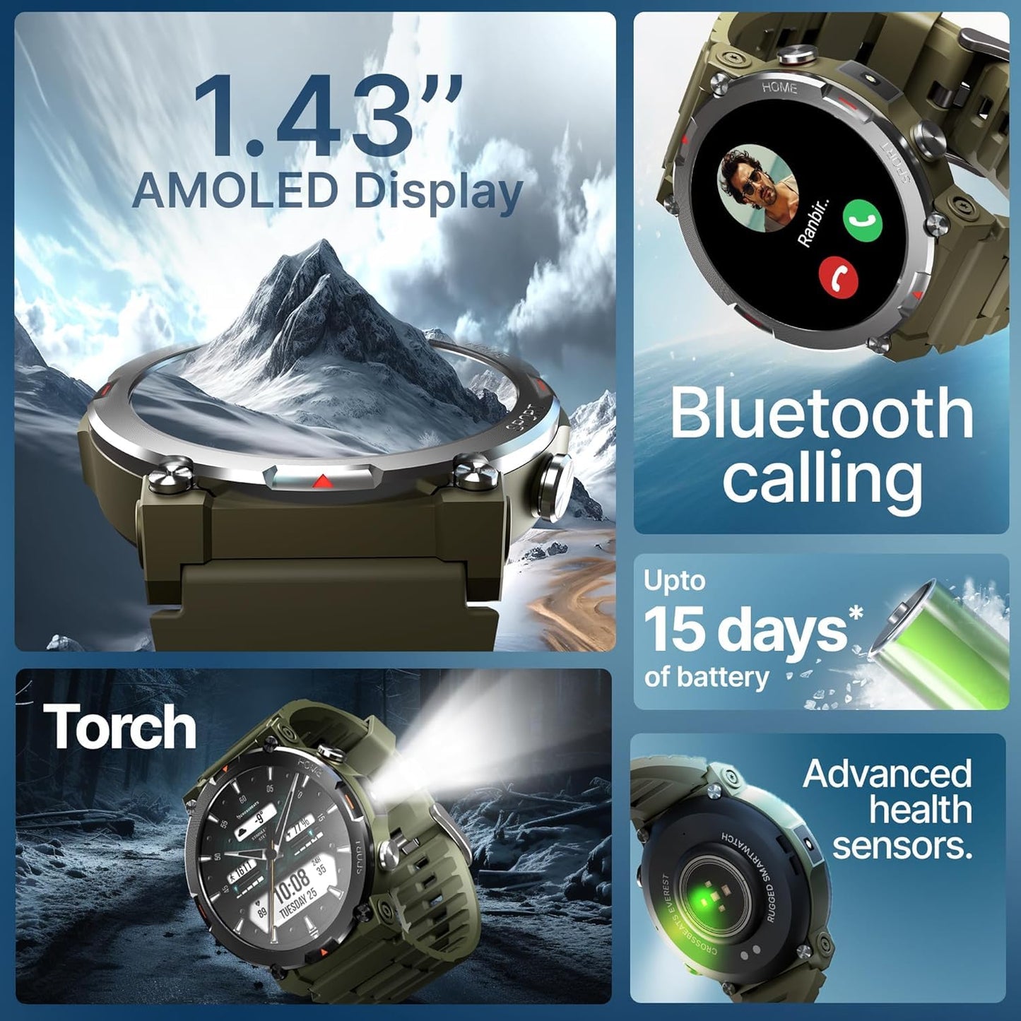 CrossBeats Everest 2.0 Smart Watch for Men 1.43" True AMOLED, Always ON Display Bluetooth Calling Rugged Outdoor Military Grade Certified Upto 15 Days Battery Life Smartwatch 100+ Sports Mode (Green)
