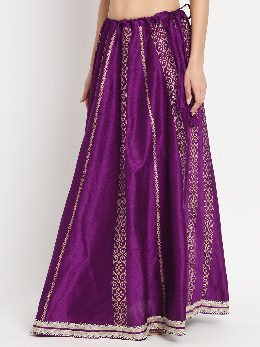 studio rasa Women's Dupion Hand Block Printed Embellished Bias Freesize Skirt for Festive Party Wedding (SKTC52301_Purple)