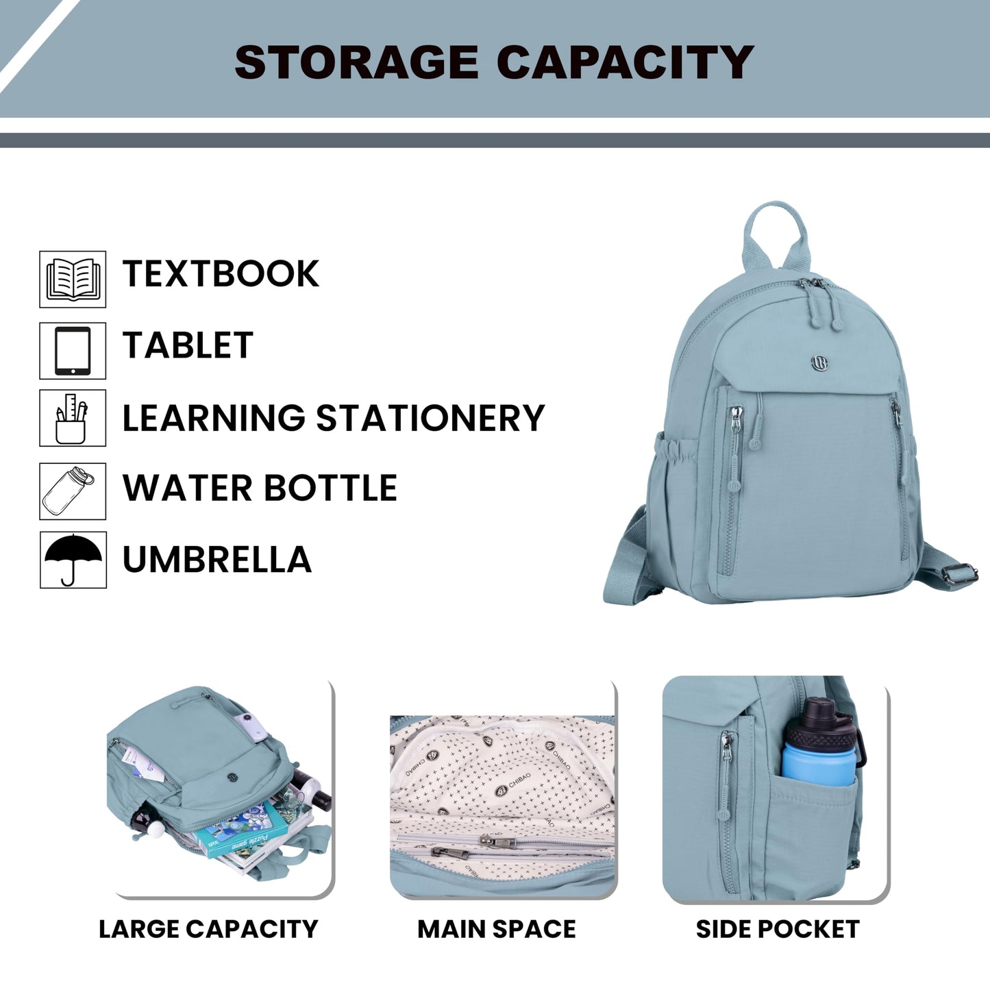 12o12 Women Backpack for College, Office, Travel, Daily Use, Outdoor, Lightweight Water Resistant Nylon Stylish Daypack Bag with Multiple Pockets, Adjustable Straps, Durable Zipper (Pastel Blue)