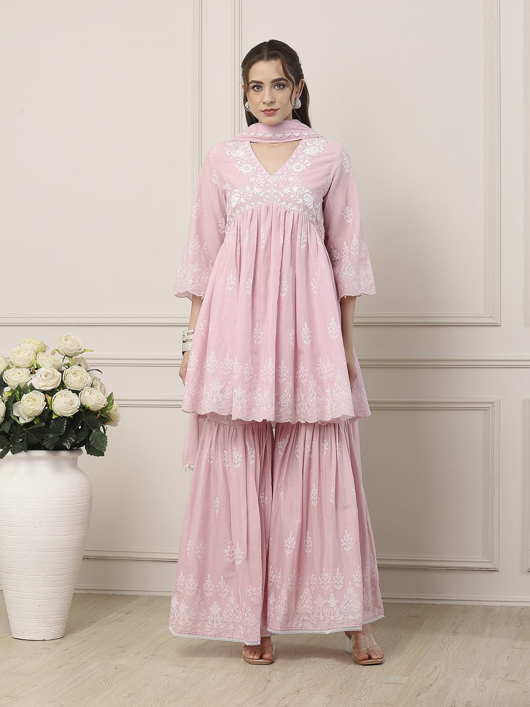 Biba Women Pink Cotton Gathered Suit Set_36