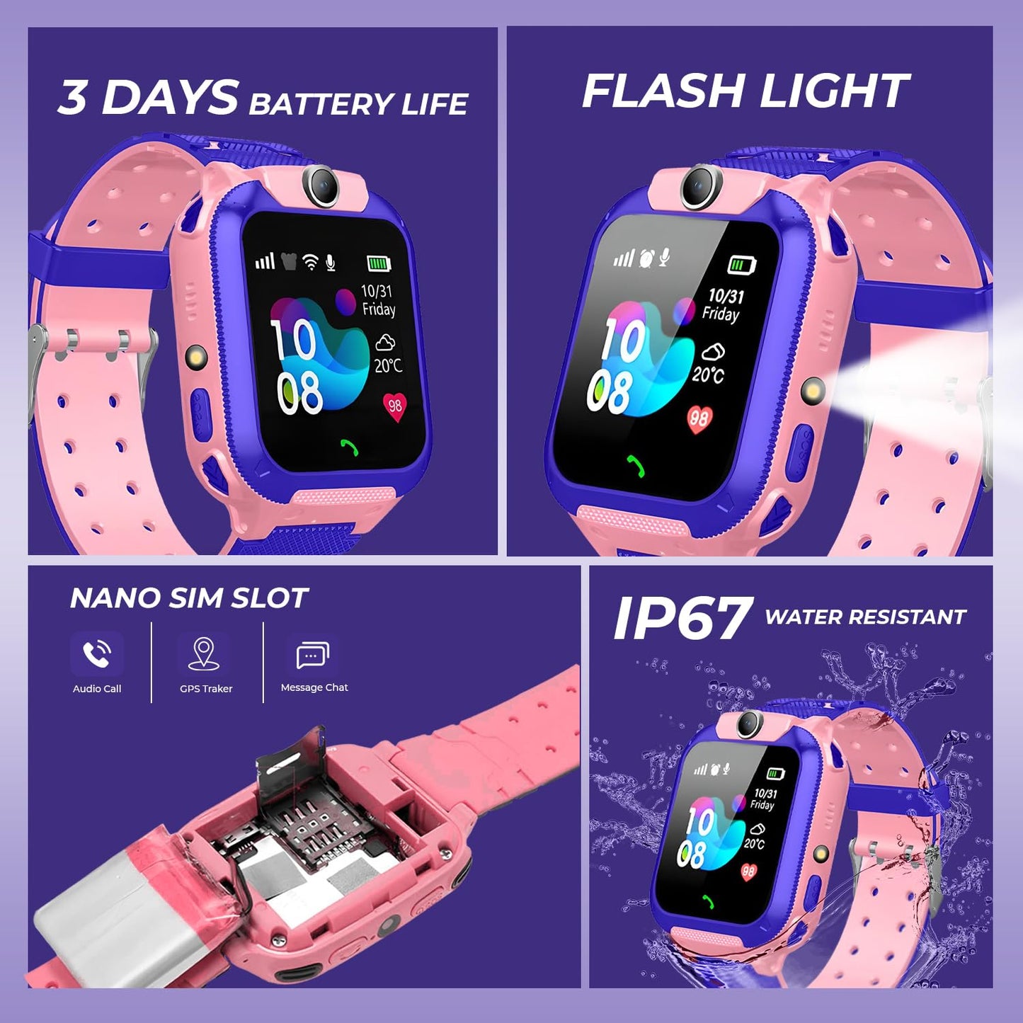 GameSir Kids Smartwatch for Boys & Girls, Men & Women, Sim Card Support, Location Tracker/GPS System, Camera, Video,Notification,Alarm, Waterproof, Calling Smart Watch-Pink