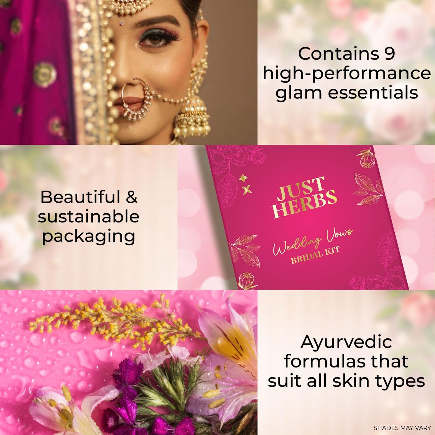 Just Herbs Wedding Kit Glam Essentials with Matte Lipstick | Lip & Cheek Tint | Strobe Cream | Kajal | Sindoor | Eyeshadow Palette | Nail Paint | Serum Foundation | Blush Drops All in One Makeup Gifting Kit for Women (Pack of 9)