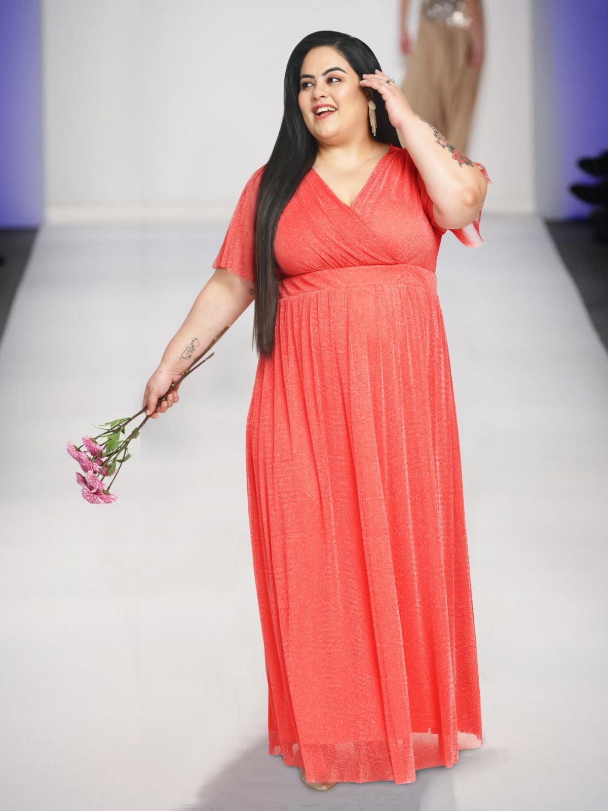 wild U Women Plus Size Cocktail Gown | Net | Stretchable | Shimmery | Western Stylish Dress (Rose Pink - 7XL)