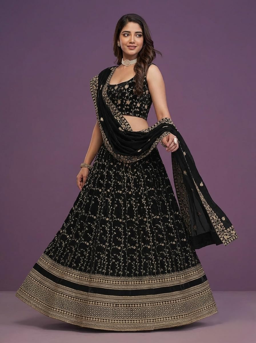 JIHU CULTURE Women's Georgette Zari Embroidery Work Semi-Stitched Lehenga Choli with Elegant Flare