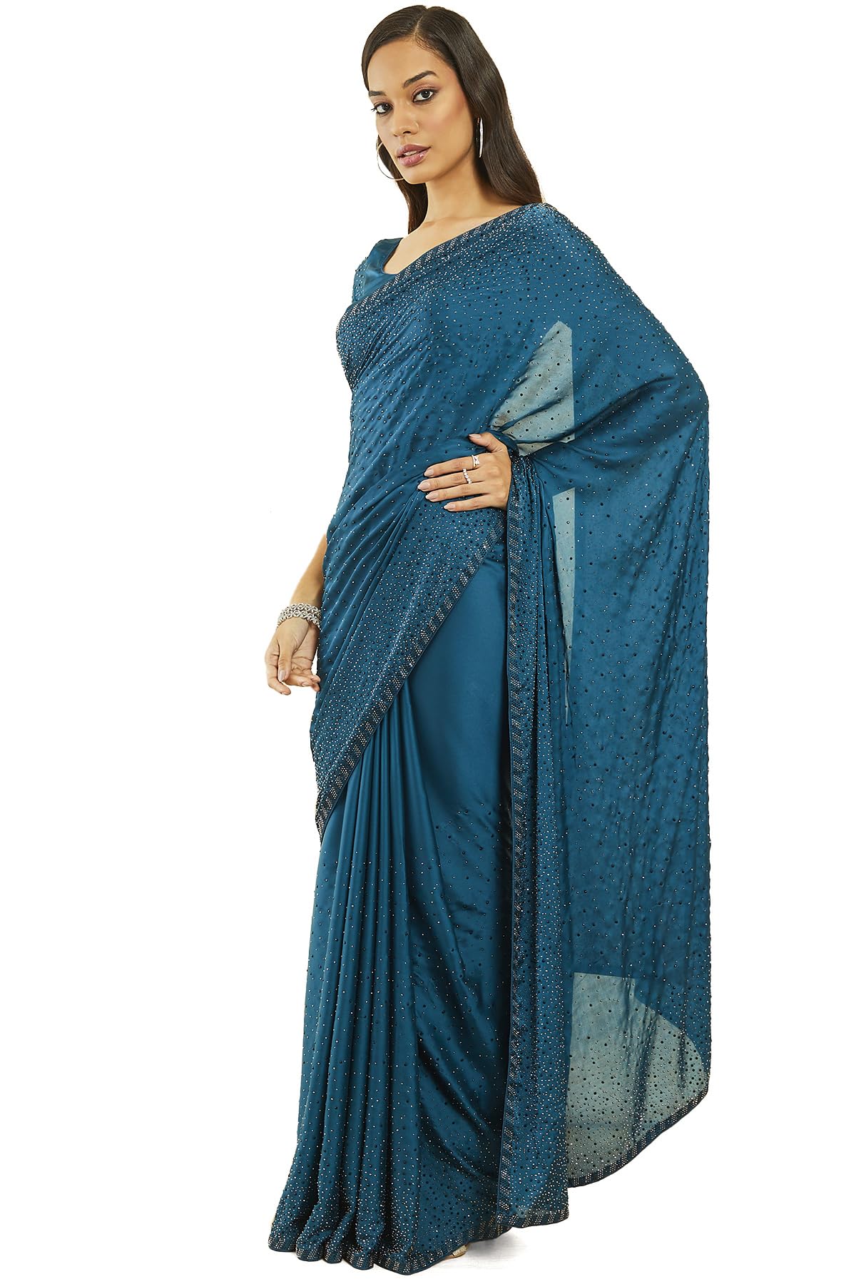 Soch Women's Jamdani Pure Crepe Saree (SRPXDESR03976J_Blue)