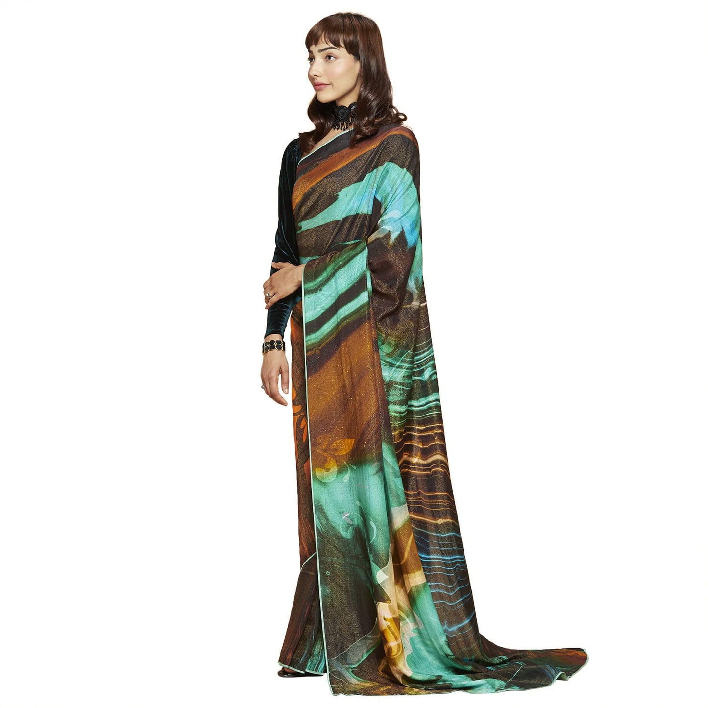 Navyasa Womens Teal Liva Shimmer Printed Woven Saree with Unstitched Blouse Piece