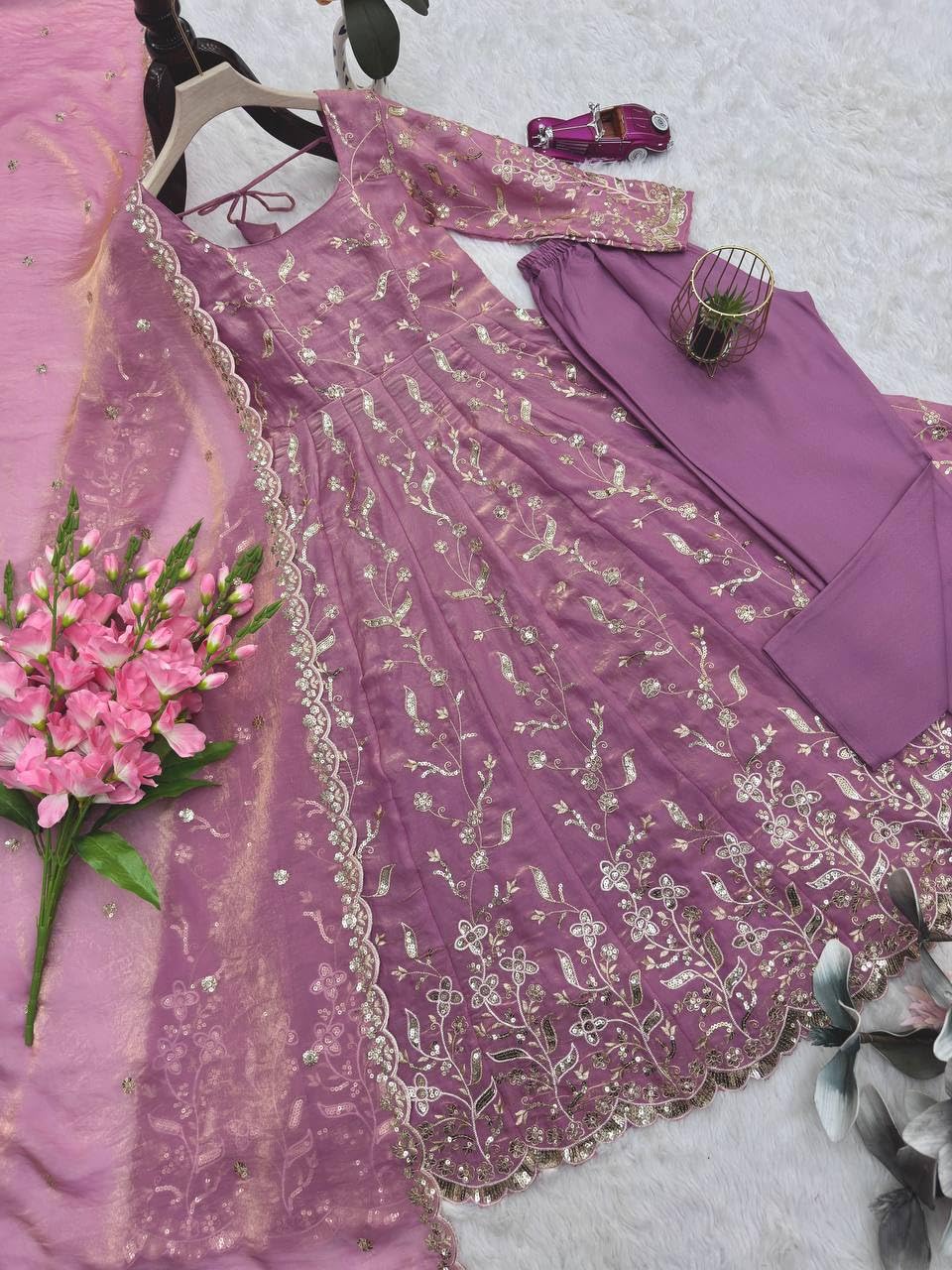 Women's Gown | Embroidery Work | Embroidered Heavy Fandy Silk Outfit | Designer Embroidered Dress with Dupatta || Long Sleeve Gowns (in, Alpha, L, Regular, Women, Light Purple)