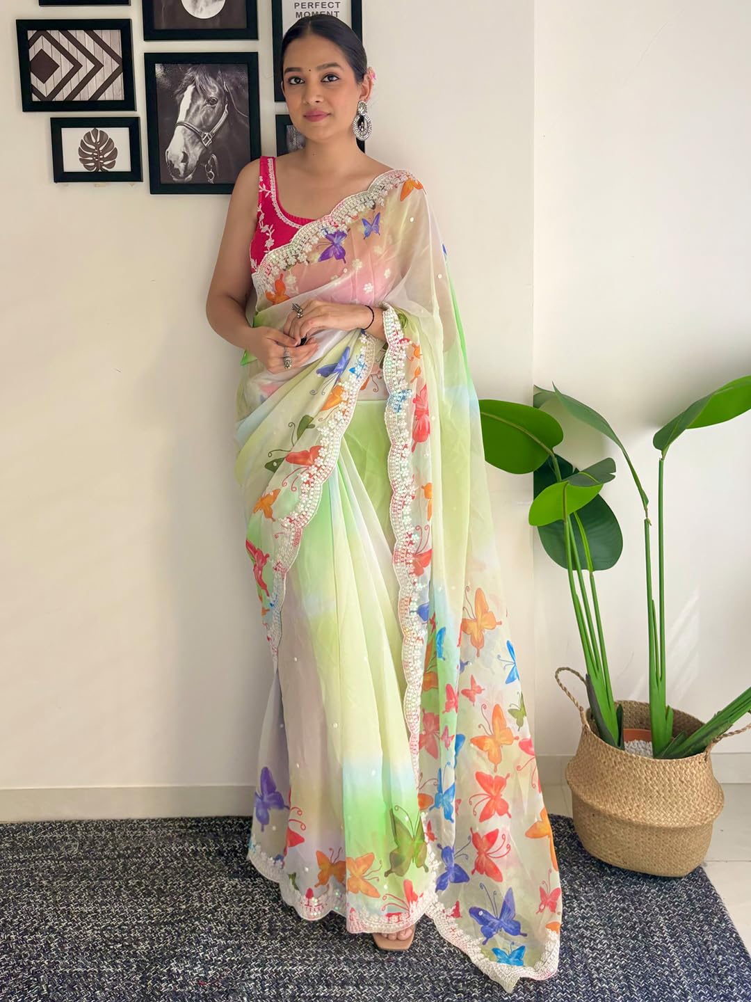 AKHILAM Women's Light Green Georgette Sequins Embellished Saree with Unstitched Blouse Piece (KESARI5506_KR)