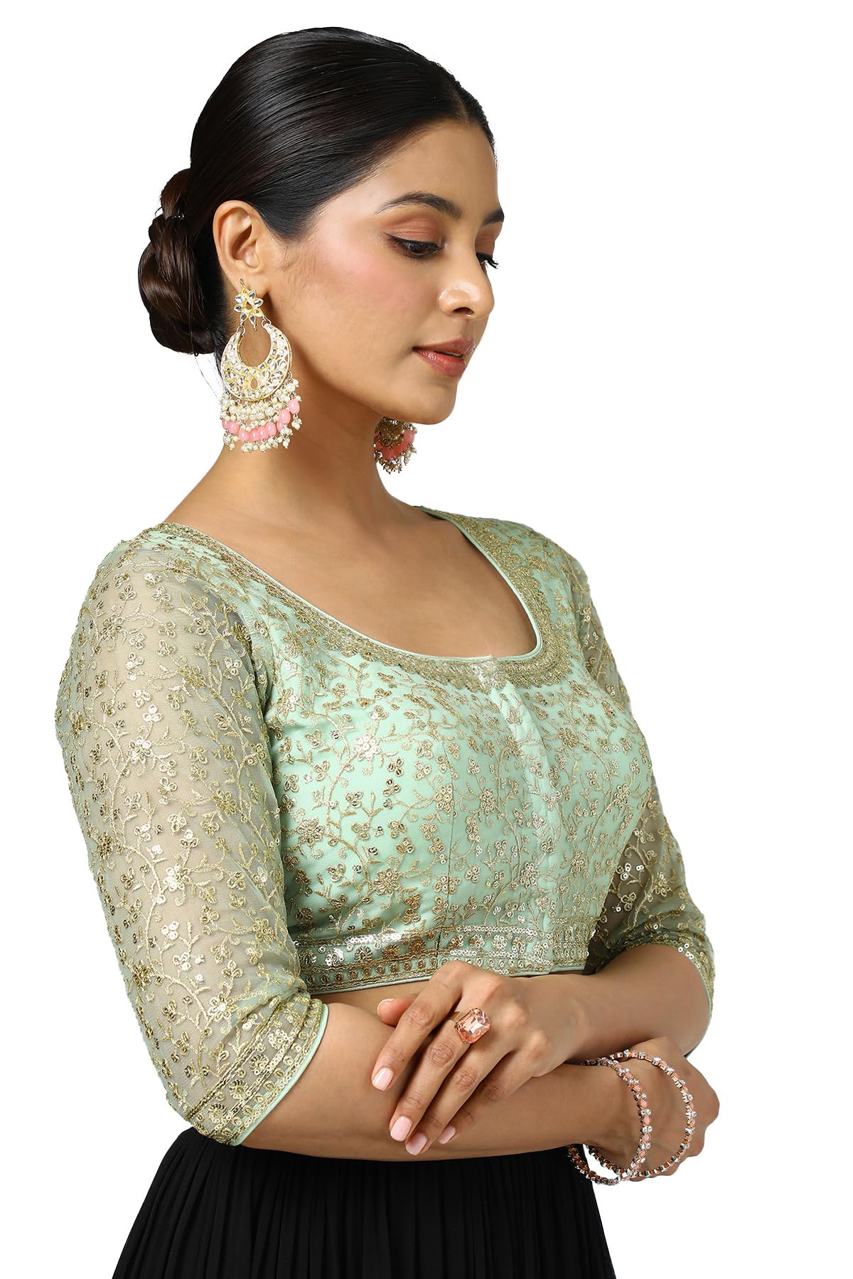 Soch Women's Net Embellished Short Sleeve Regular Fit Blouse (BLFSEMB00649_Green 38)