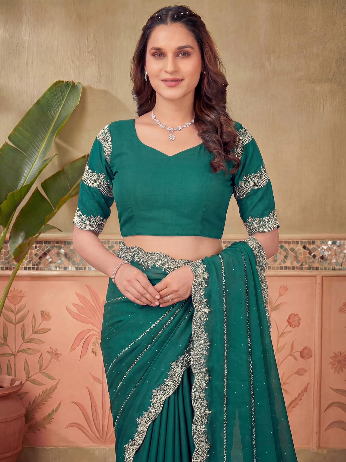 SIRIL Women's Shimmer Georgette Scalloped Border Stone Work Embroidery Saree with Unstitched Blouse Piece (4925S612A_Teal Green)