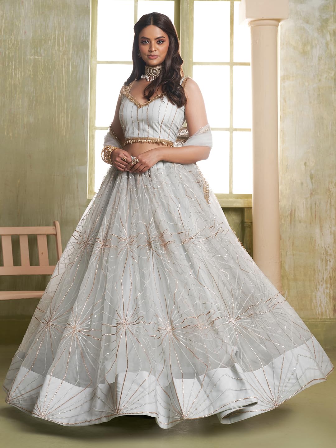 Zeel Clothing Women's Net Semi-Stitched Thread Sequins Work Embroidery Soft Lehenga Choli with Dupatta (NFH-2207-Light-Grey--Lehenga-Choli-Latest; Free Size)