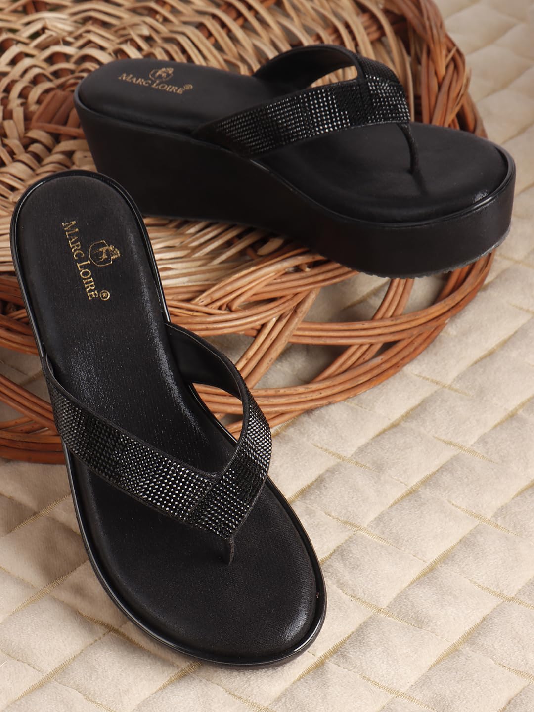 Marc Loire Women's Embellished Slip-On Fashion Sandals | Wedges for Women | Anti-Slip Sole & Comfortable Heels (Black, UK Footwear Size System, Adult, Women, Numeric, Medium, 8)