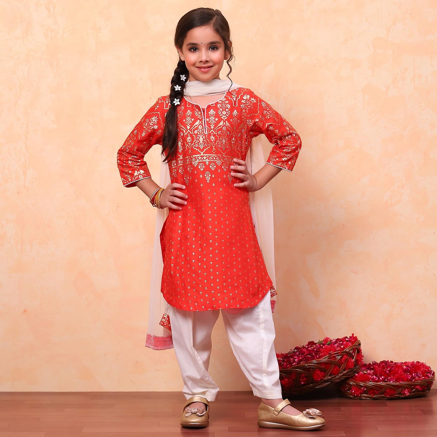 BIBA Girls Orange Straight Cotton Printed Kurta suit set