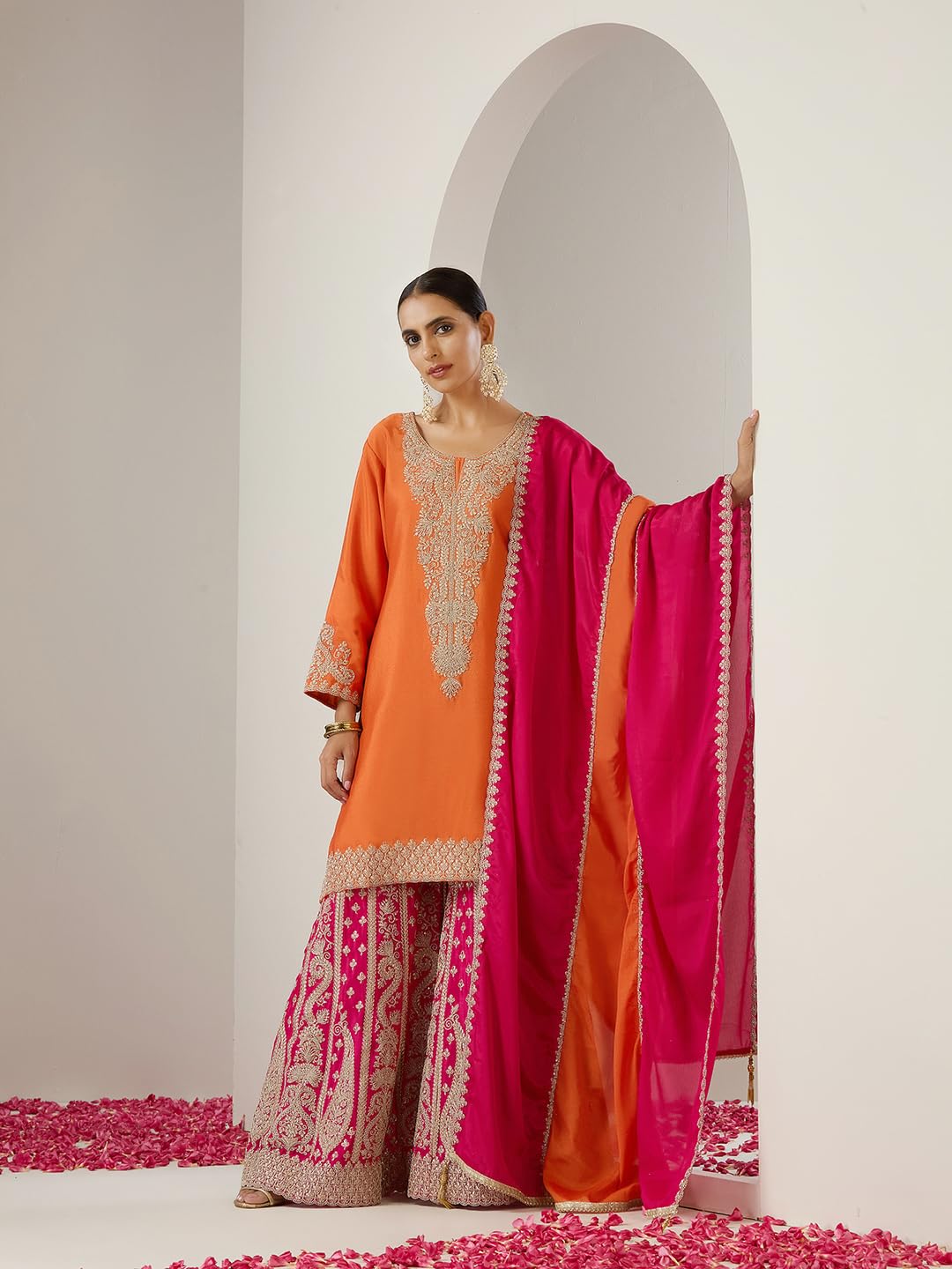 ishin Gold zari embroidered short kurta with embroidered sharara and dupatta