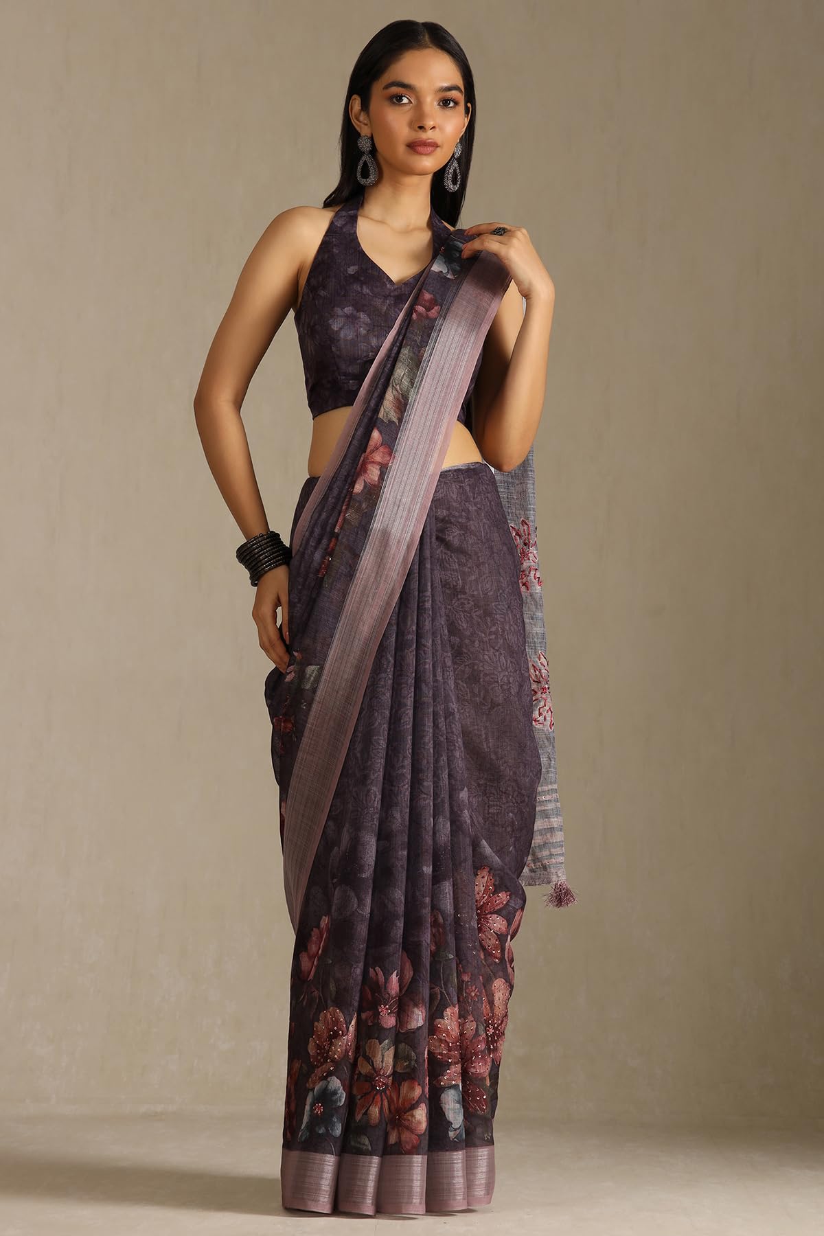 Soch Womens Wine Linen Floral Print Saree With Sequins