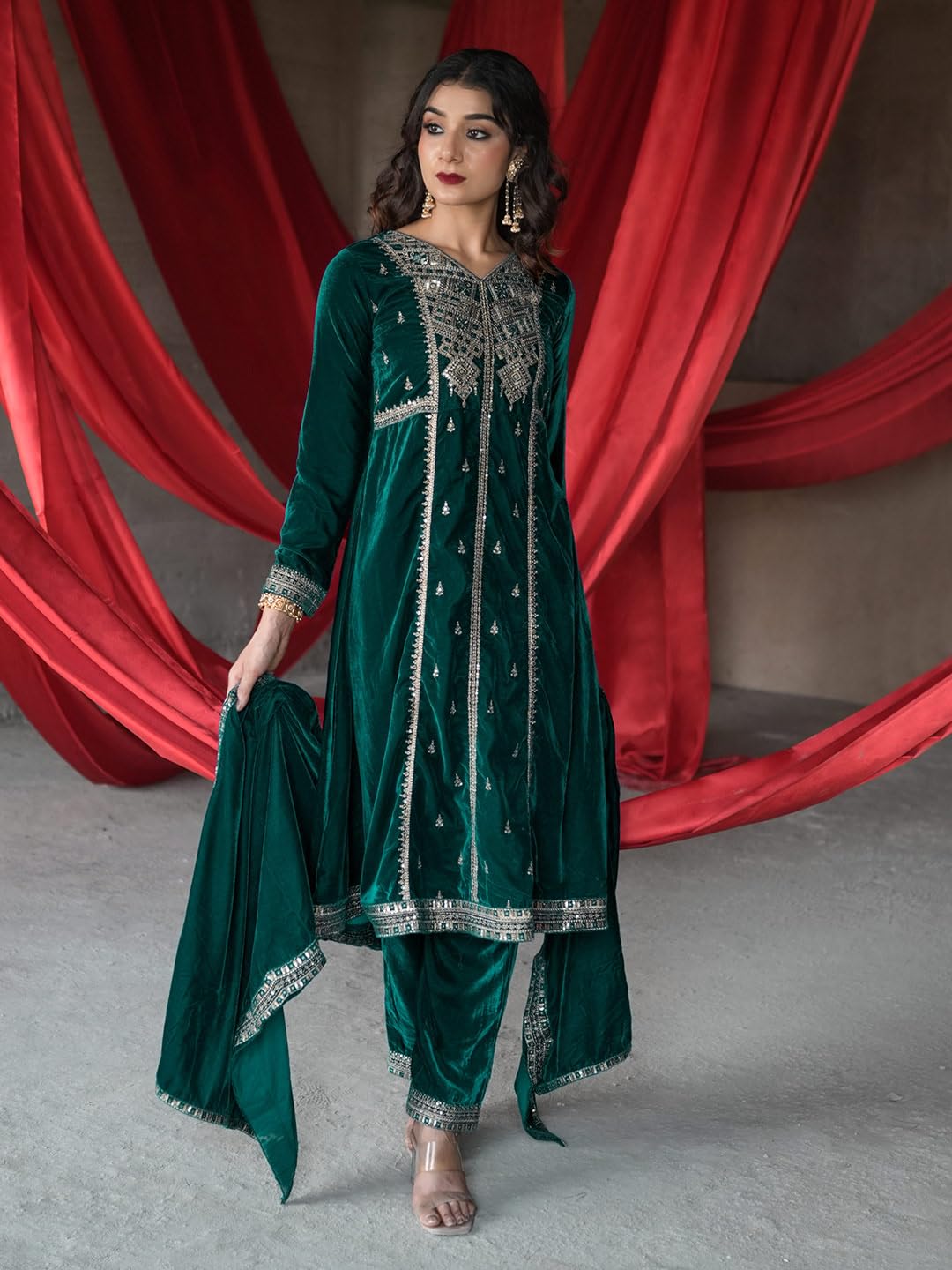 Libas Green Velvet Embroidered Kurta sets for Women