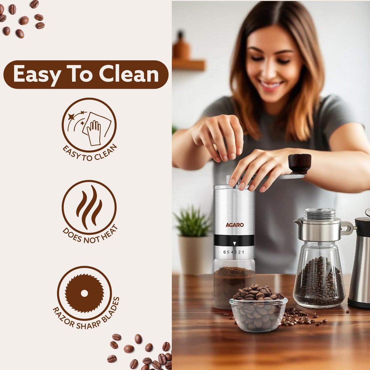 AGARO Elite Manual Coffee Grinder, Ceramic Grinder with Glass jar, 6 Adjustable Settings, Stainless Steel Body, Tooth Handle, No Power, Whole Bean, Drip Coffee, Espresso, Silver