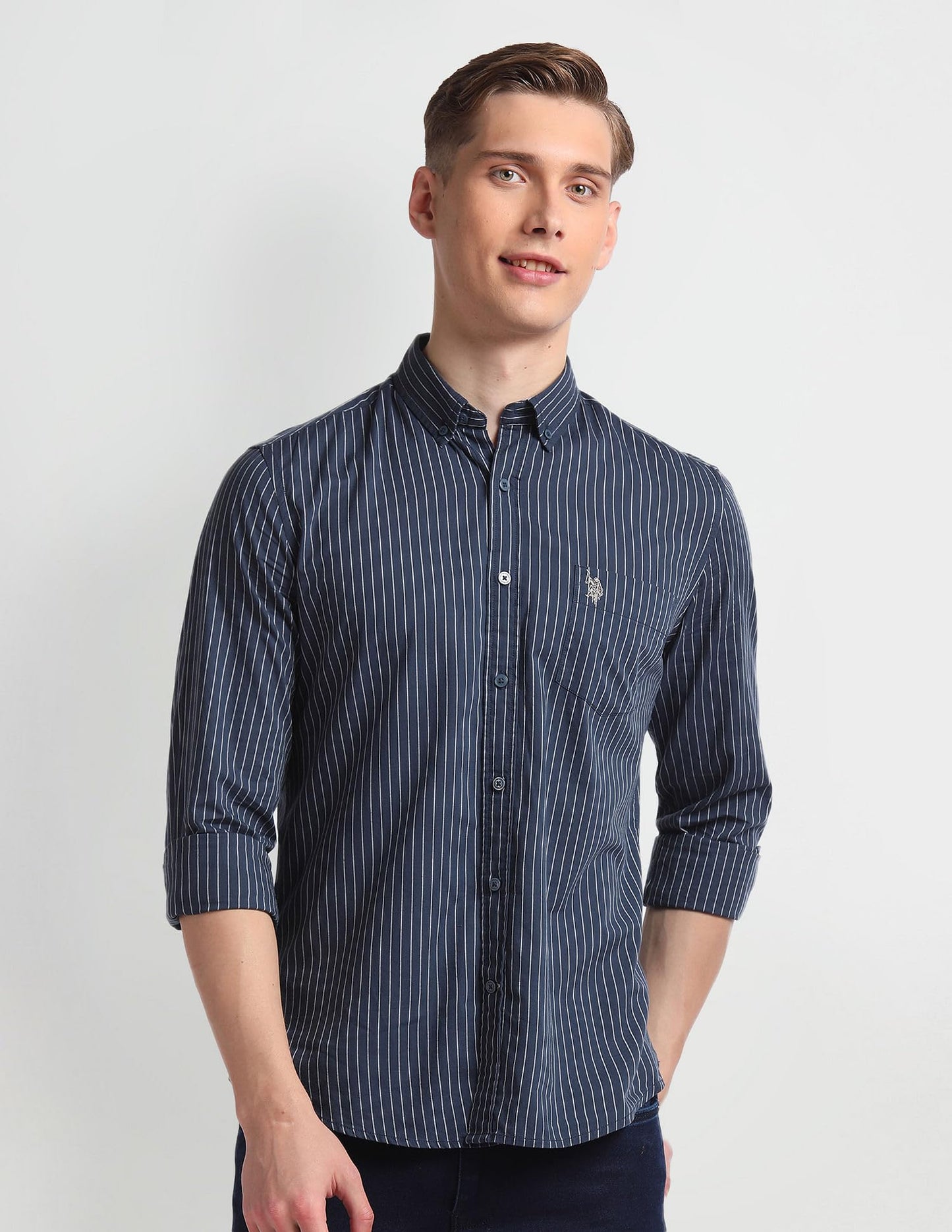 U.S. POLO ASSN. Men's Cotton Striped Slim Fit Shirt (UDSHT0922_Navy, 42