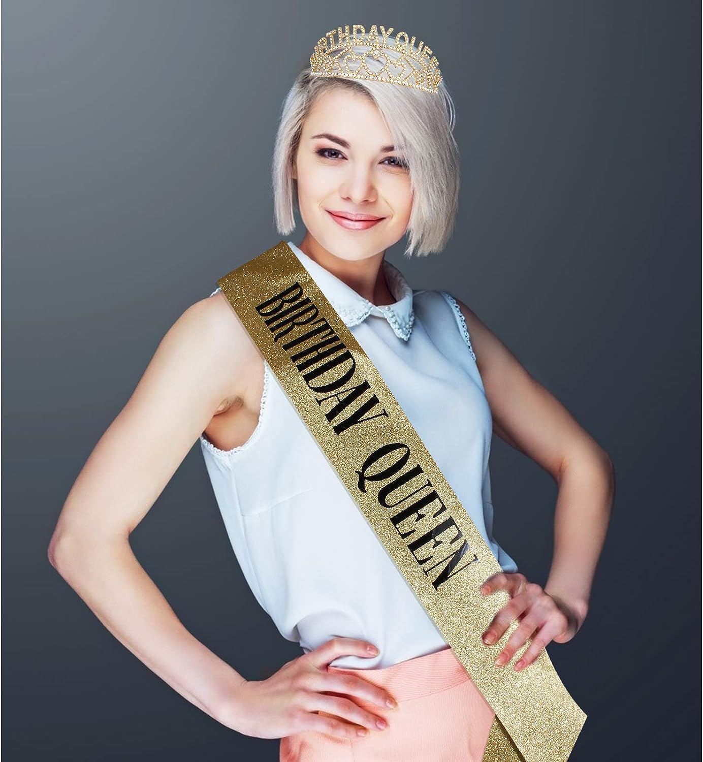 Shining Diva Fashion Latest Birthday Sash and Crown for Girls Birthday Decorations Items Gifts for Girls Women Kids Sister Best Friend 10, 15, 16, 12, 18, 20 years Teenager (Gold) (15418hb)