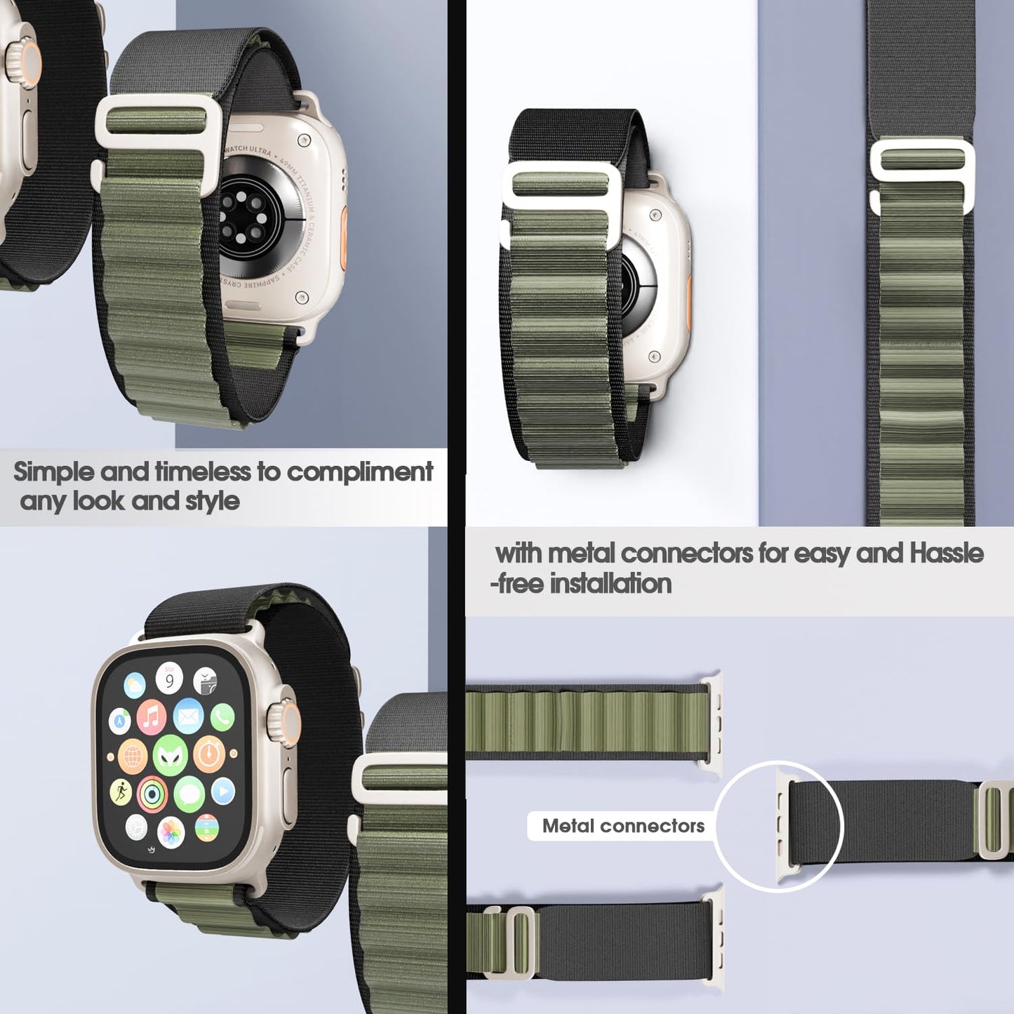 Sounce Nylon Loop Band Strap for Apple Watch 49mm 45mm 44mm 42mm, iWatch Bands Sport Strap Women Men G-Hook Bracelet for Watch Ultra/Ultra 2 Band Series 9 8 7 6 5 4 3 2 1 Series SE - Green & Black