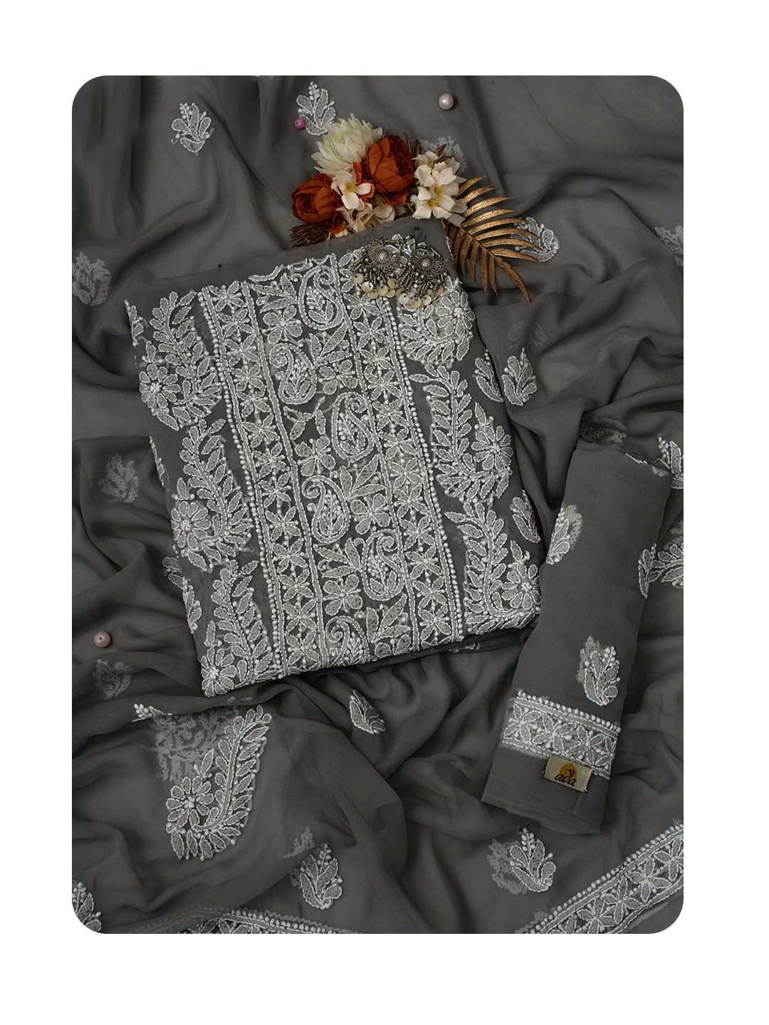 Ada Hand Embroidered Lucknowi Chikankari Unstitched Georgette Dress Material Salwar Suit with Dupatta for Women A211292 Fossil Grey