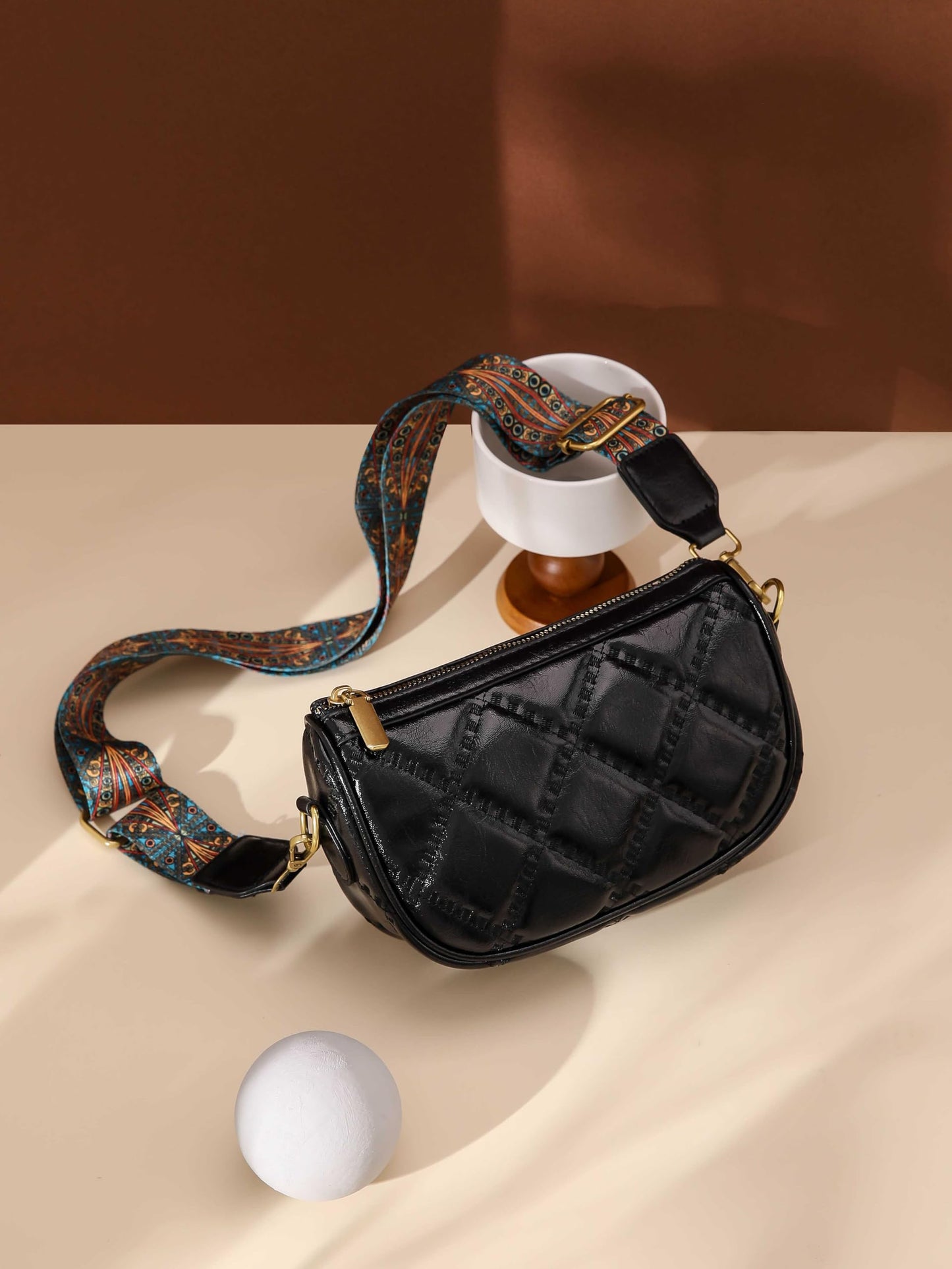 Diva Dale Quilted Crossbody Bag for Women, Adjustable Strap, Zipper Closure (Black)