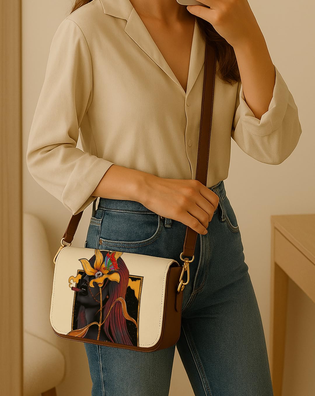 Kalankit Shoulder Bag for Woman | Vegan Leather Sling Bags for Women | Compact Crossbody Purse, Stylish Side Sling Bag & Valentine Gift for Girlfriend | Sunflowers & Cigars