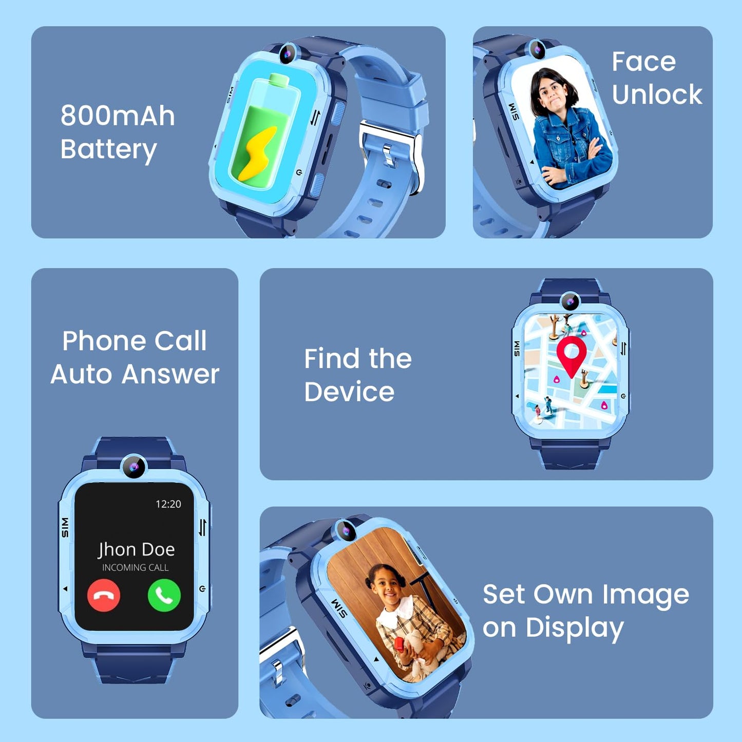 PunnkFunnk Newly Launched Safeguard 5G/4G Kids Smart Watch with SIM Calling, GPS Tracker, Video Call, SOS Alerts, Face Unlock, Games, IP67, 800mAh Battery, Voice Chat, Live Location(Blue)