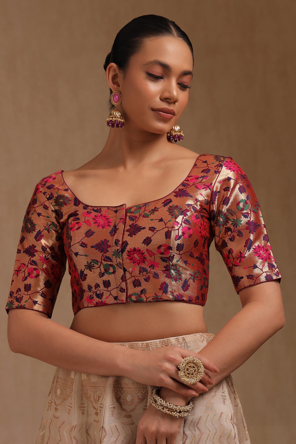 Soch Womens Wine Tussar Floral Print Padded Blouse