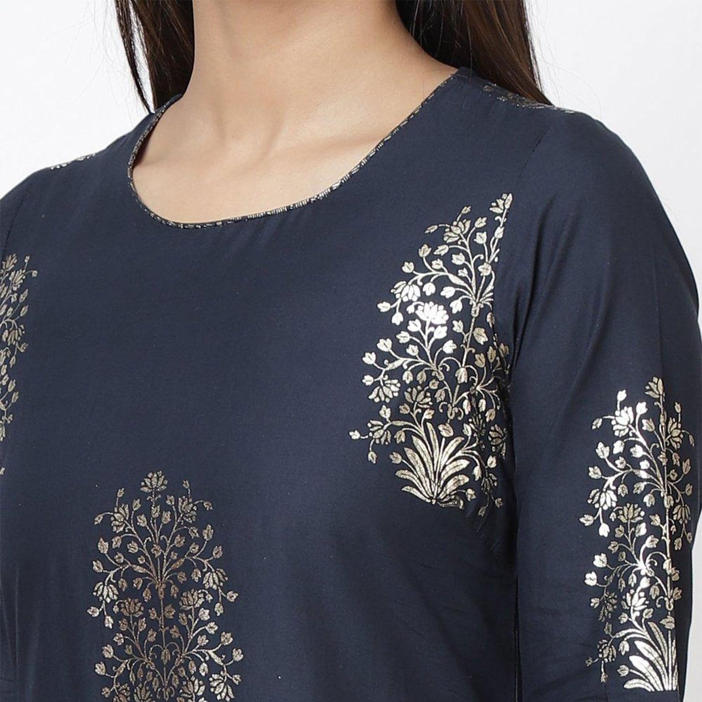 BIBA Cotton Women Printed Relaxed Salwar A-Line Straight Kurta Dupatta(Skdassorted7074E_Navy Blue_XL)