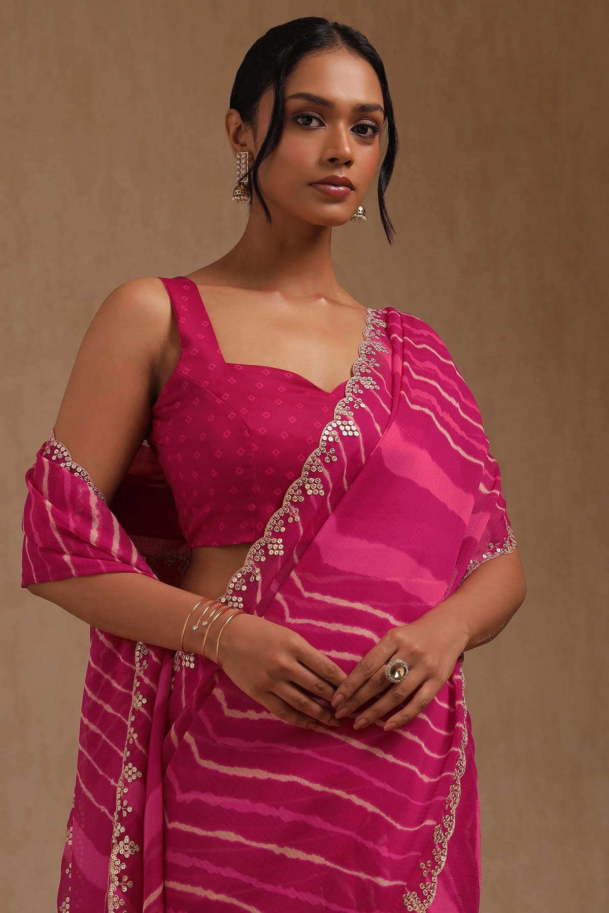 Soch Womens Fuchsia Georgette Leheriya Print Saree With Sequins