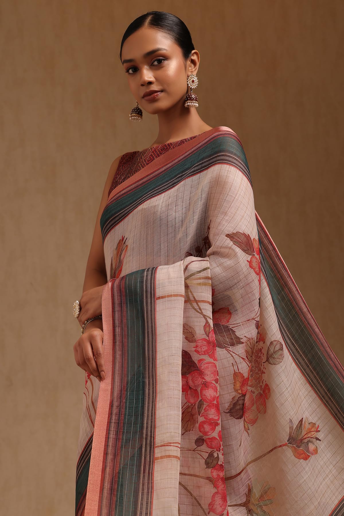 Soch Womens Beige Linen Botanical Print Saree