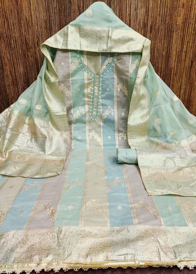 VARNI FABRICS Jacquard With Neck handwork Dress Material for Women Striped Unstitched Woman Salwar Suit Dress Material With Jacquard Dupatta Pastel Multicolors