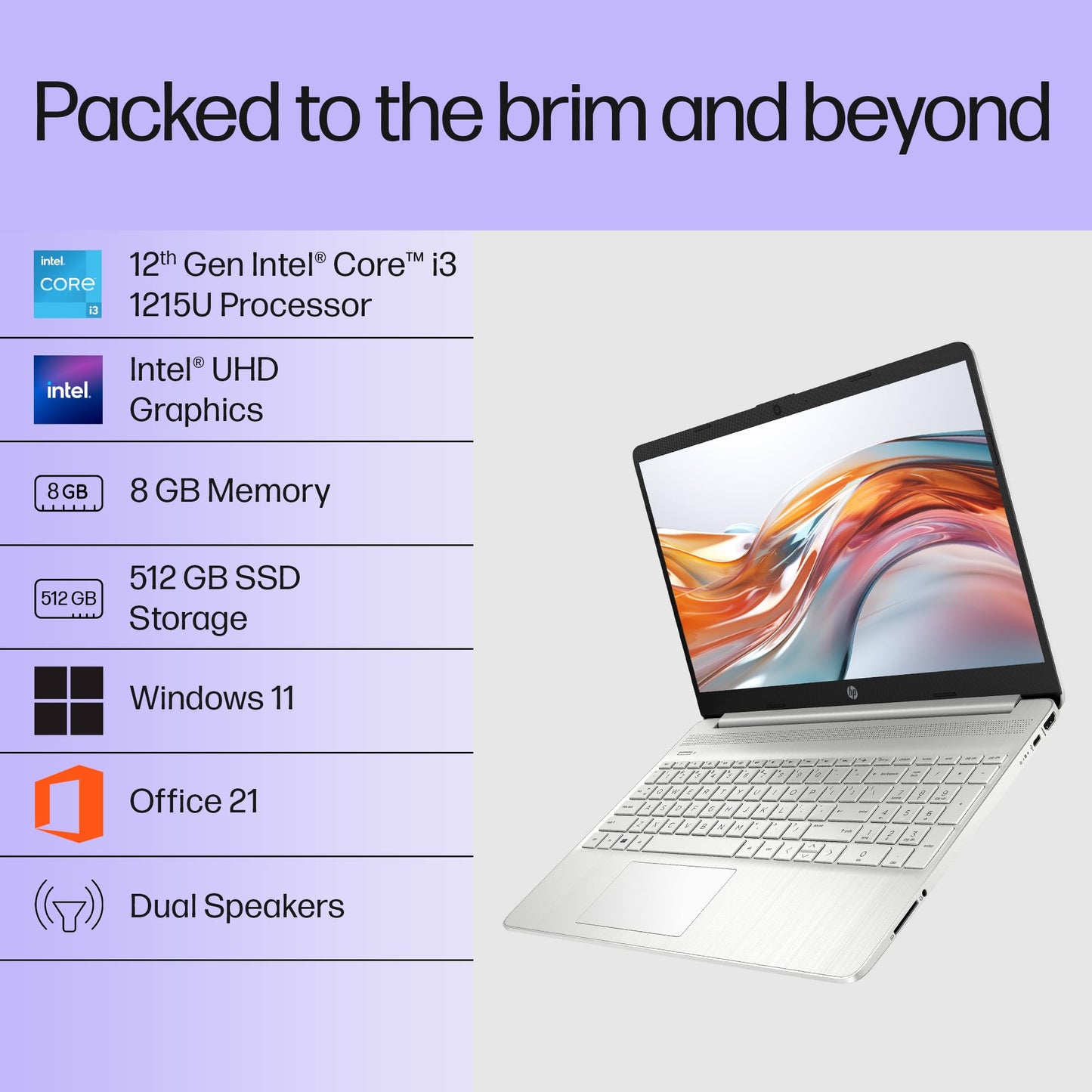 HP 15s, 12th Gen Intel Core i3-1215U Laptop (8GB DDR4, 512GB SSD) Anti-Glare, 15.6"/39.6cm, FHD, Win 11, MS Office 21, Silver, 1.69kg, Intel UHD Graphics, HD Camera, Dual Speakers, fy5011TU